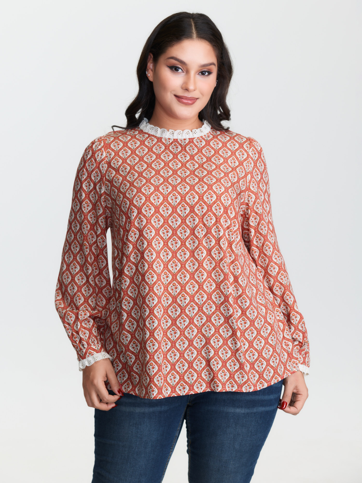 BloomChic Women's Plus Size Retro Geometric Floral Print Round Neck Blouse Rust Floral Everyday-Elegant Long Sleeve 18-20/2X