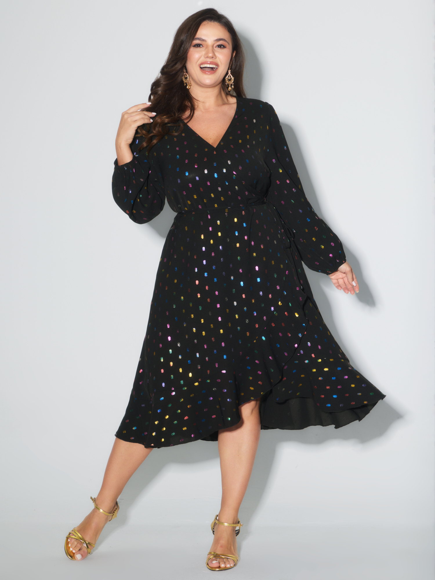 BloomChic Women's Plus Size Colorful Shimmery Polka Dots Midi Dress Black Foil Print Midi Occasion Non 14-16/1X