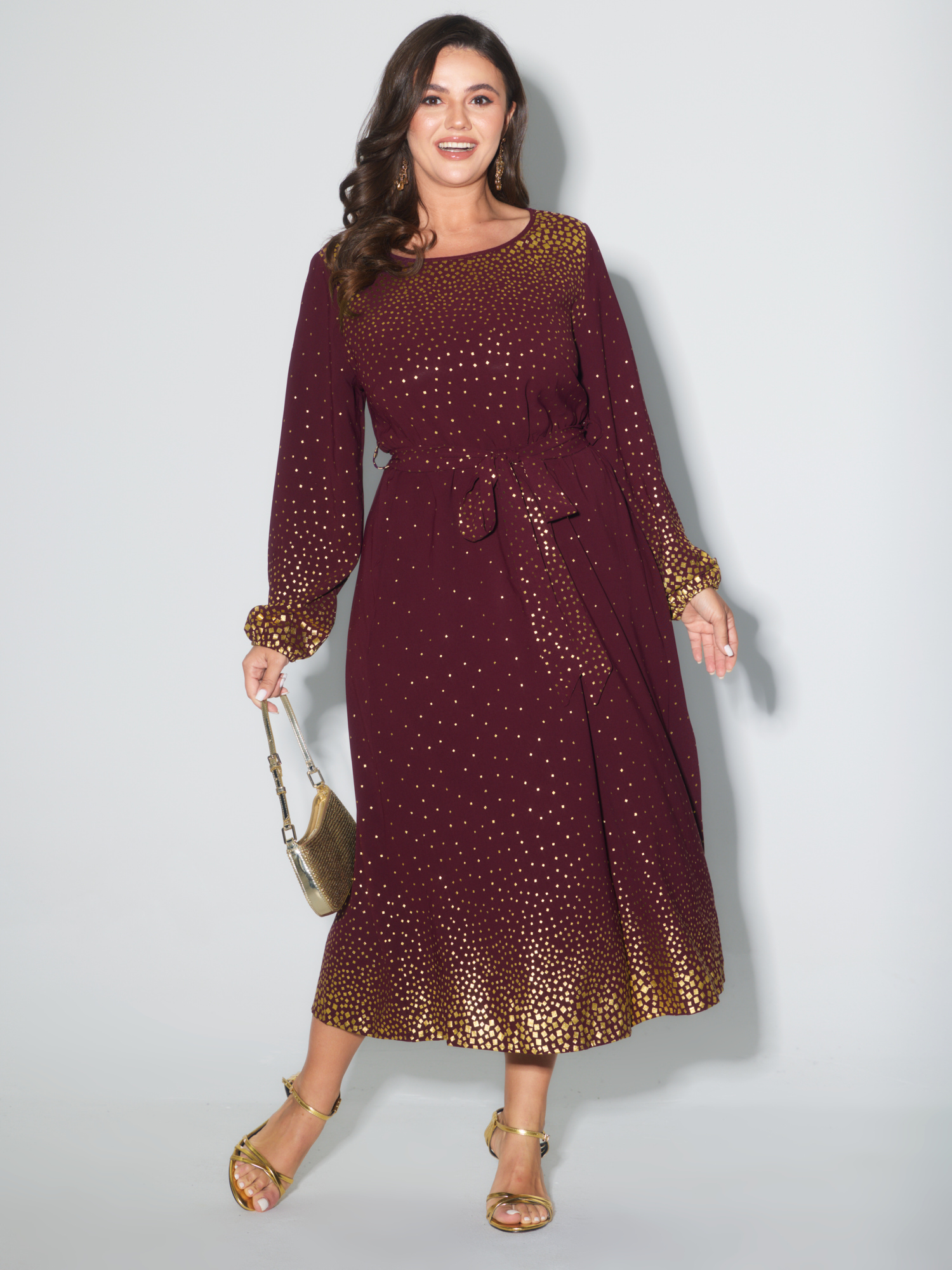 BloomChic Women's Plus Size Glitter Round Neck Belted Lantern Sleeve Dress Plum Party Midi Non Round Neck 30/6X-image-46337036058794
