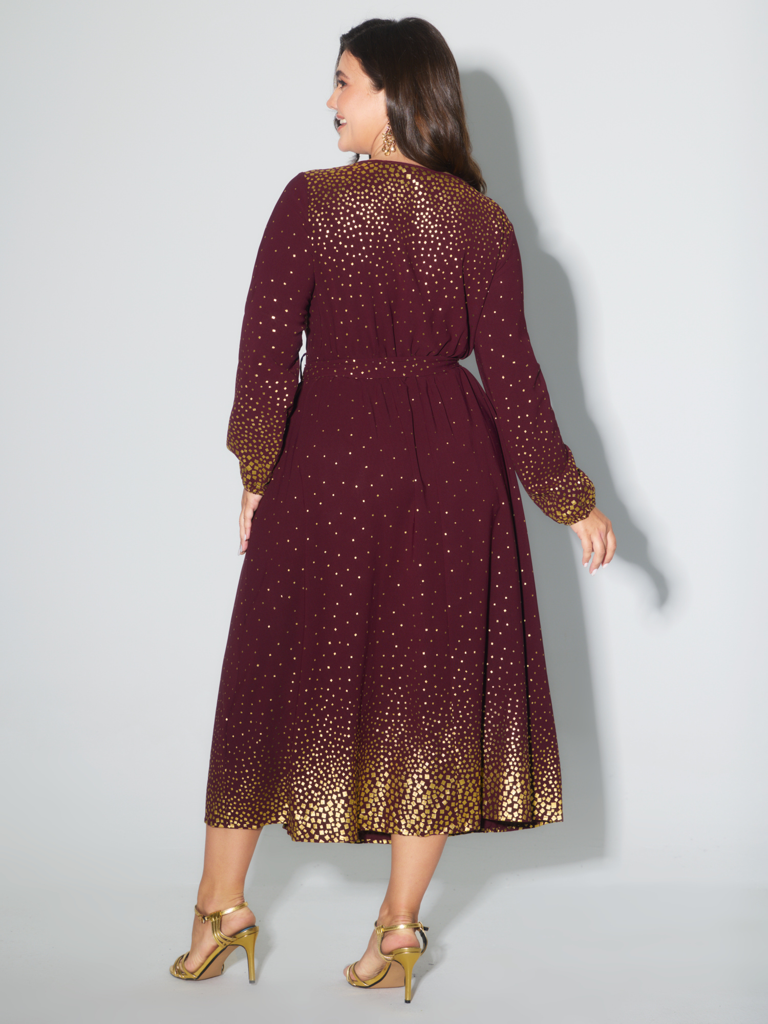 Side view of BloomChic Women's Plus Size Glitter Round Neck Belted Lantern Sleeve Dress Plum Party Midi Non Round Neck 14-16/1X