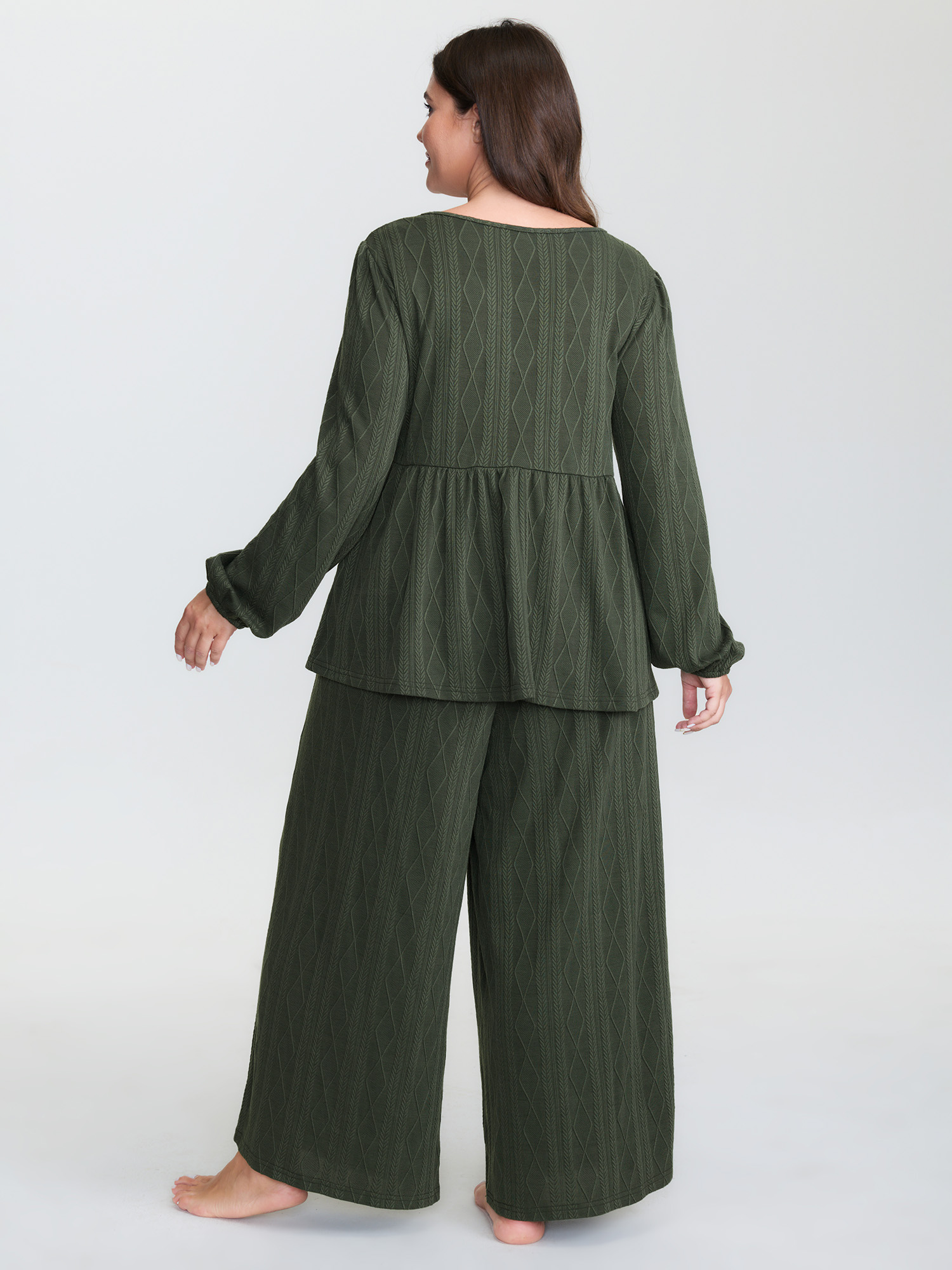 Side view of BloomChic Women's Plus Size Textured Front-Tie Relaxed-Fit Lounge Set ArmyGreen Solid Long Sleeve Lace-Up 30/6X