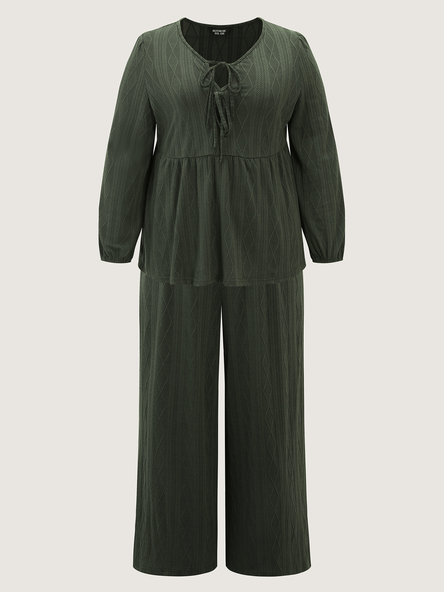 Side view of BloomChic Women's Plus Size Textured Front-Tie Relaxed-Fit Lounge Set ArmyGreen Solid Long Sleeve Lace-Up 30/6X