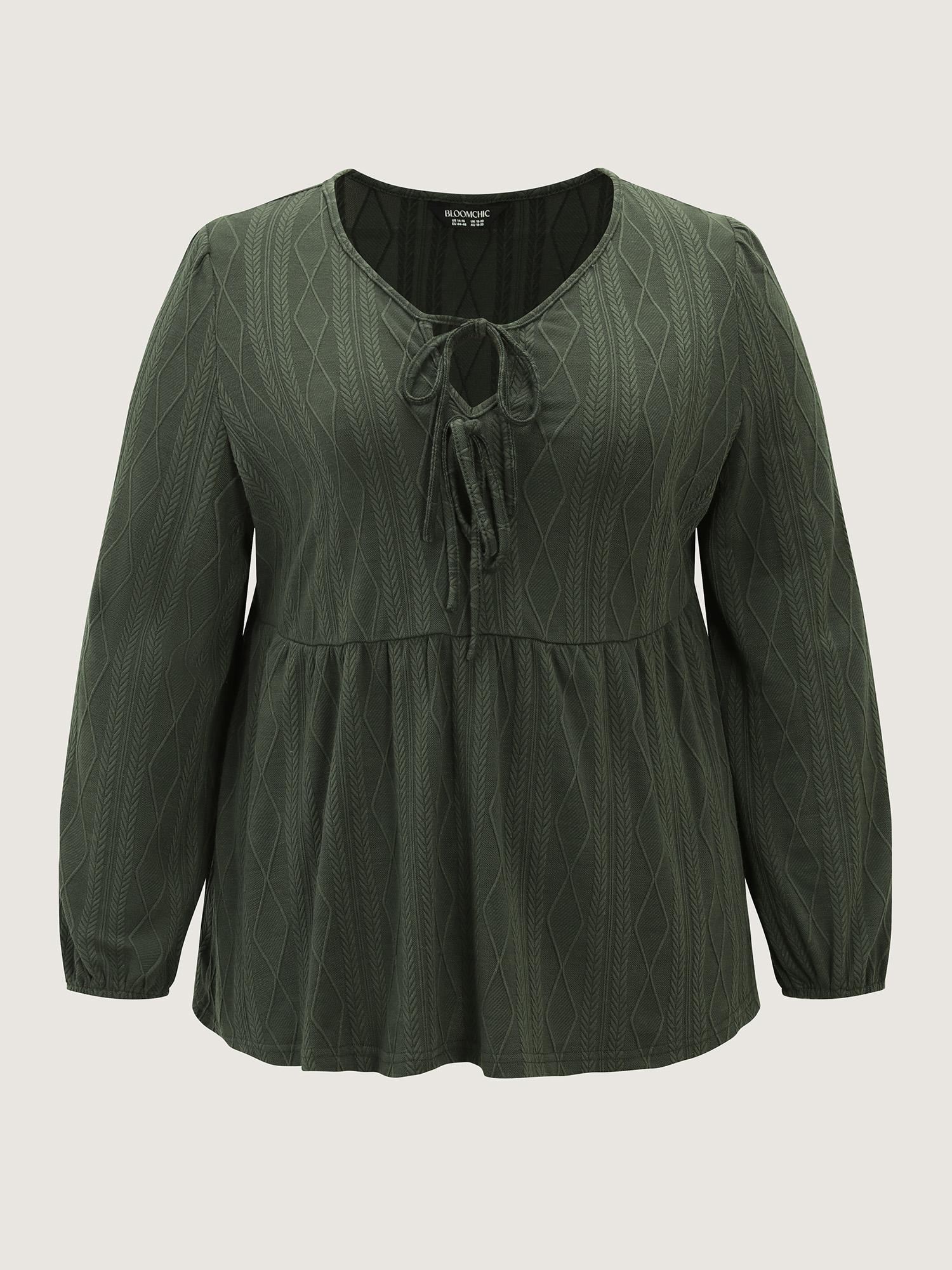 Side view of BloomChic Women's Plus Size Textured Front-Tie Relaxed-Fit Lounge Set ArmyGreen Solid Long Sleeve Lace-Up 30/6X