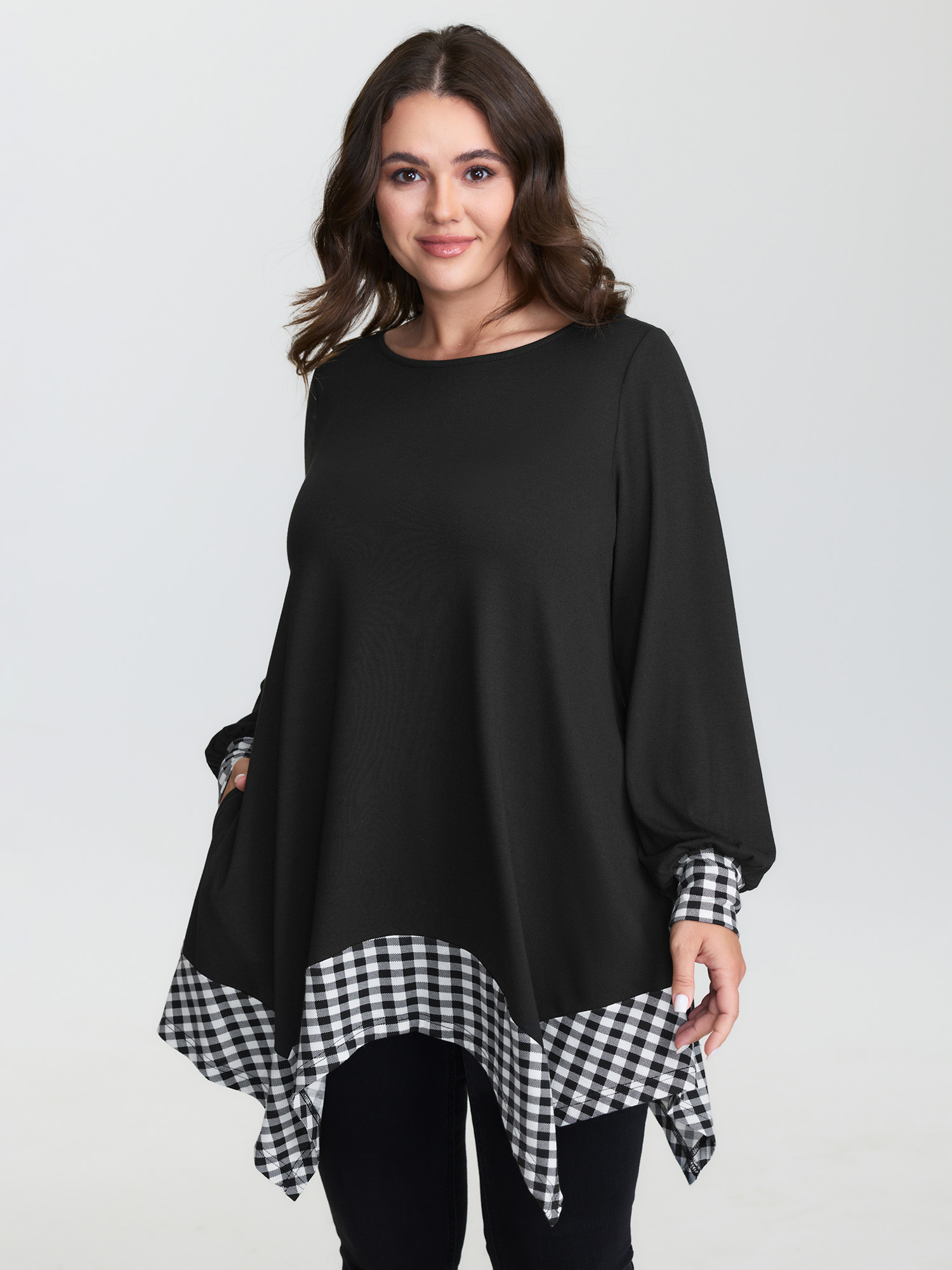 BloomChic Plus Size Supersoft Stretchy Checkered Asymmetrical Hem T-Shirt - Women's Black Solid Round Neck Comfort Midsection Fit Long Sleeve Playful T-shirts 14/M