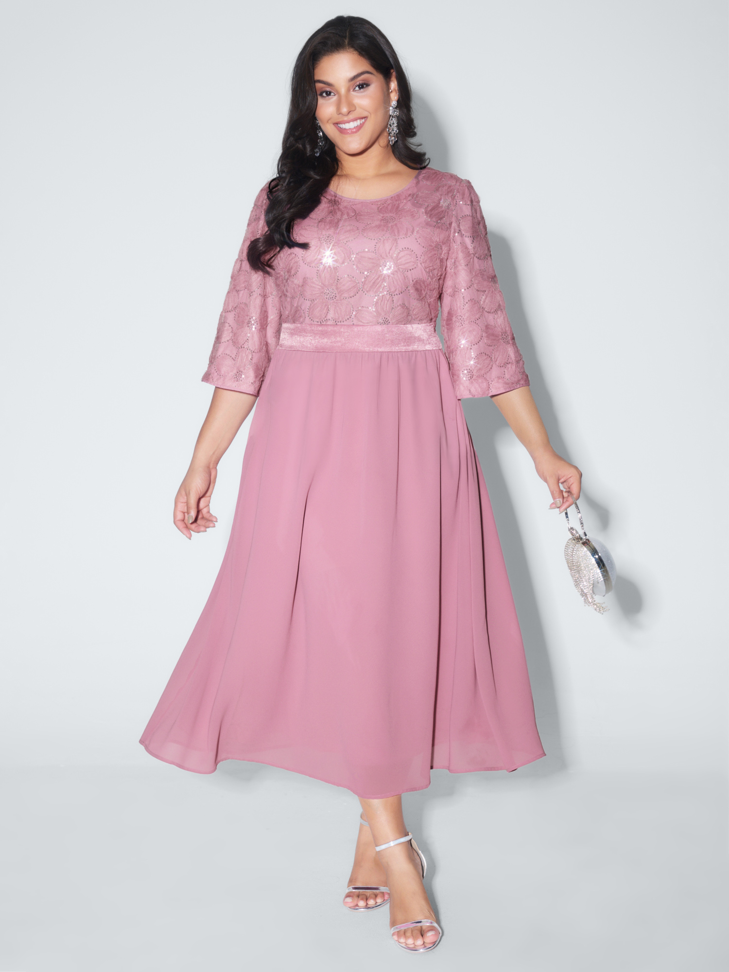 BloomChic Women's Plus Size Sequin Floral Tulle Shirred Waist Midi Dress DustyPink Party Midi Colorblock Round Neck 22-24/3X-image-48291537125546