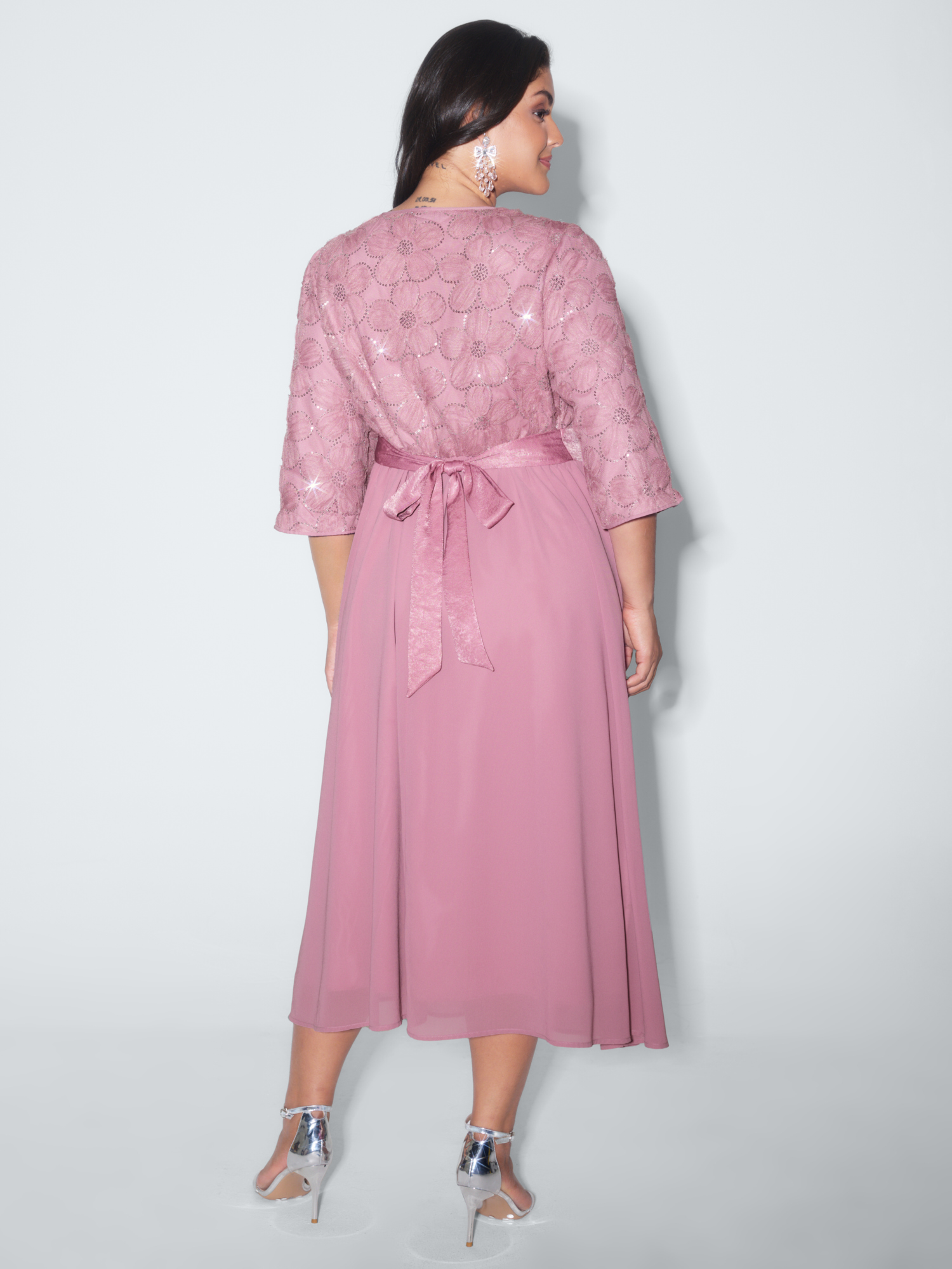Side view of BloomChic Women's Plus Size Sequin Floral Tulle Shirred Waist Midi Dress DustyPink Party Midi Colorblock Round Neck 28/5X