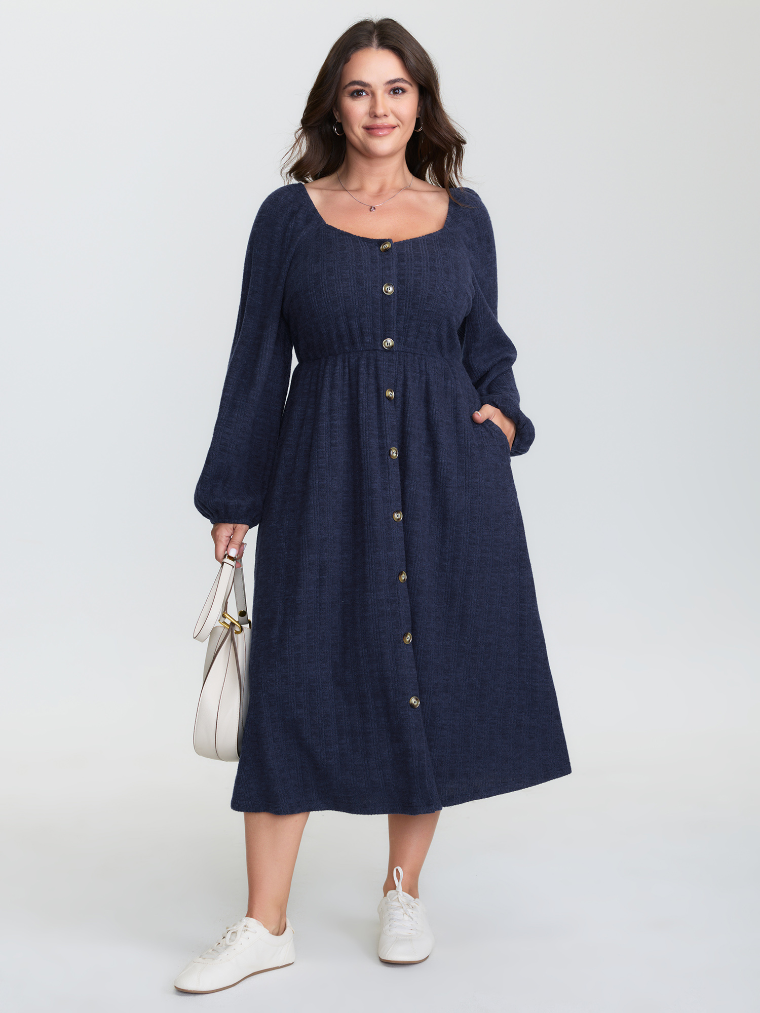 BloomChic Women's Plus Size Textured Stretchy Waist Button Detail Midi Dress DarkBlue Solid Midi Everyday-Casual Smocked 10/M
