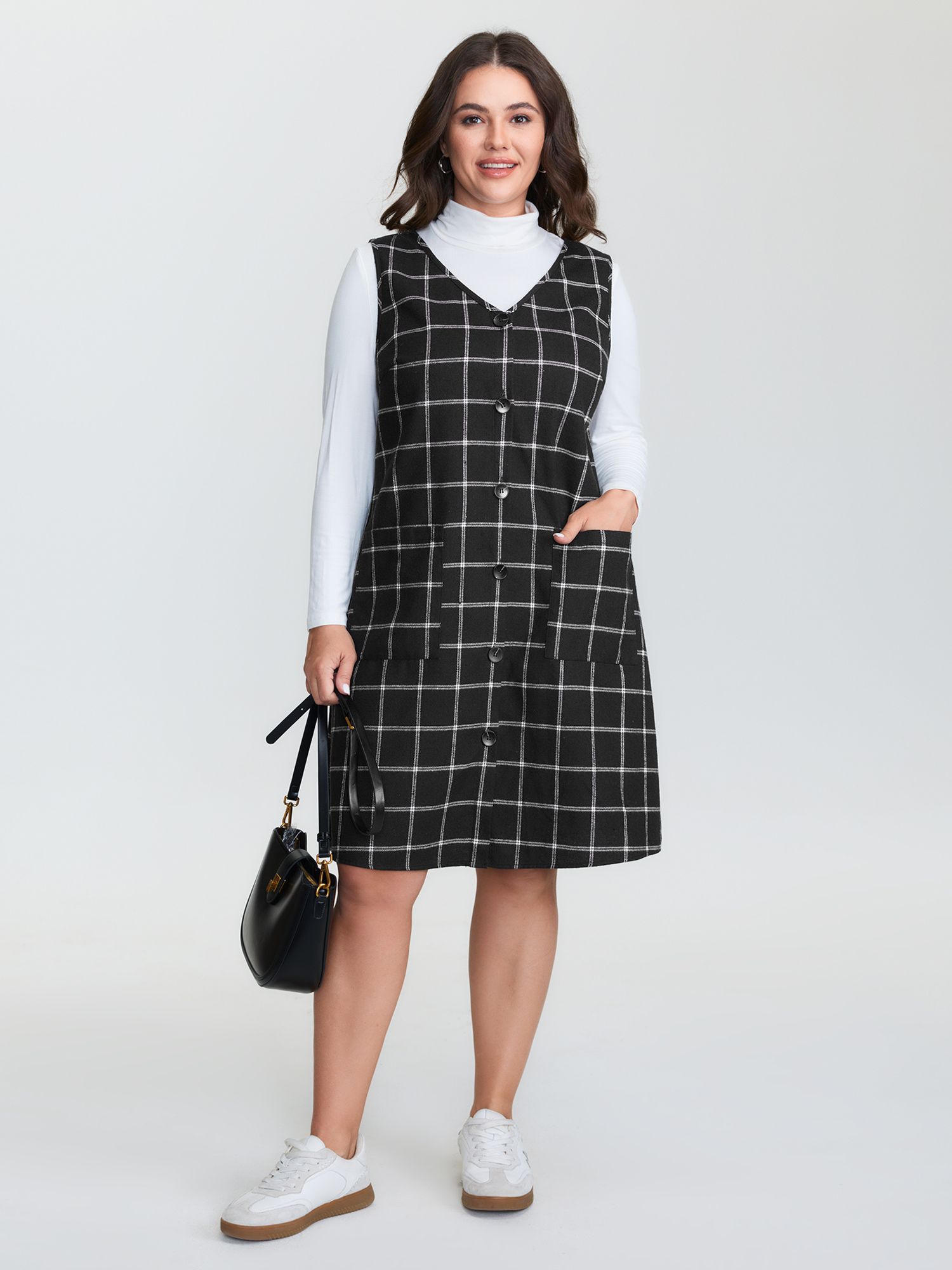 BloomChic Women's Plus Size Checkered Pinafore Pattern Sleeveless Mini Dress Black Plaid Midi Everyday-Casual Button Front 22-24/3X