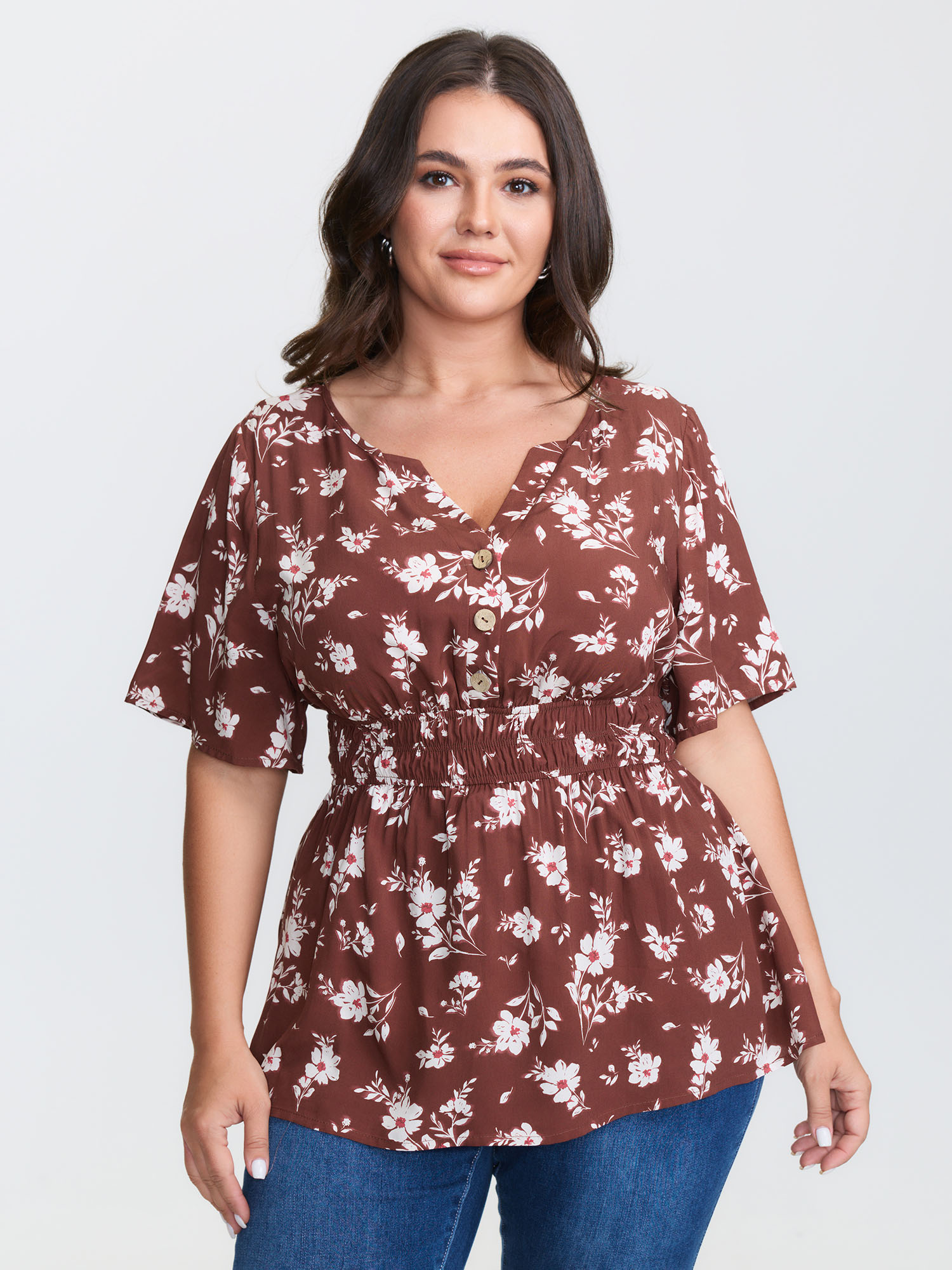 BloomChic Women's Plus Size Floral Print Cinched Flared Blouse Rust Ditsy Floral Everyday-Casual Short sleeve V-Notch Neck 12/L