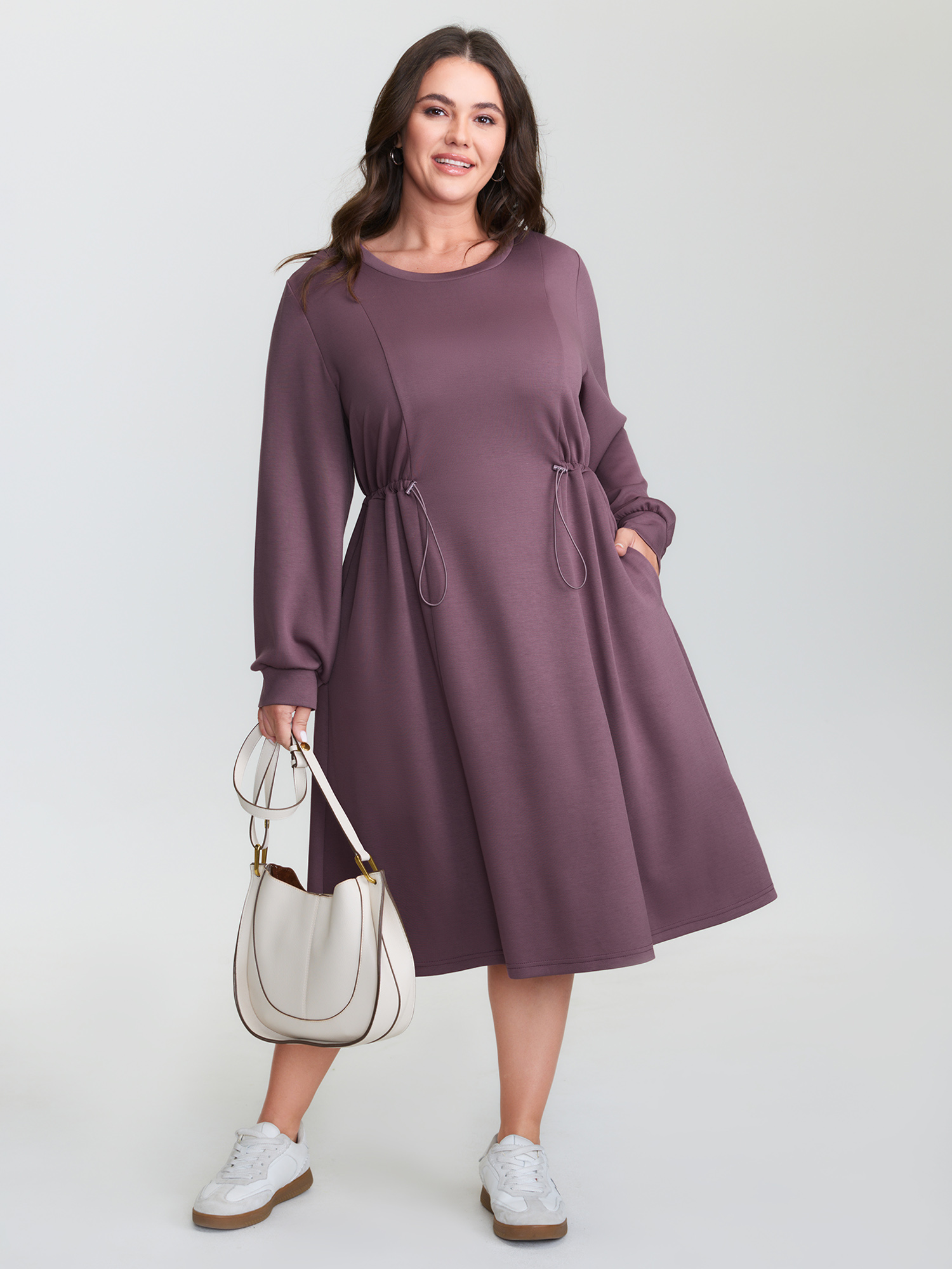 BloomChic Women's Plus Size Adjustable Drawstring Side Midi Dress Eggplant Solid Midi Everyday-Casual Ruched 10/M