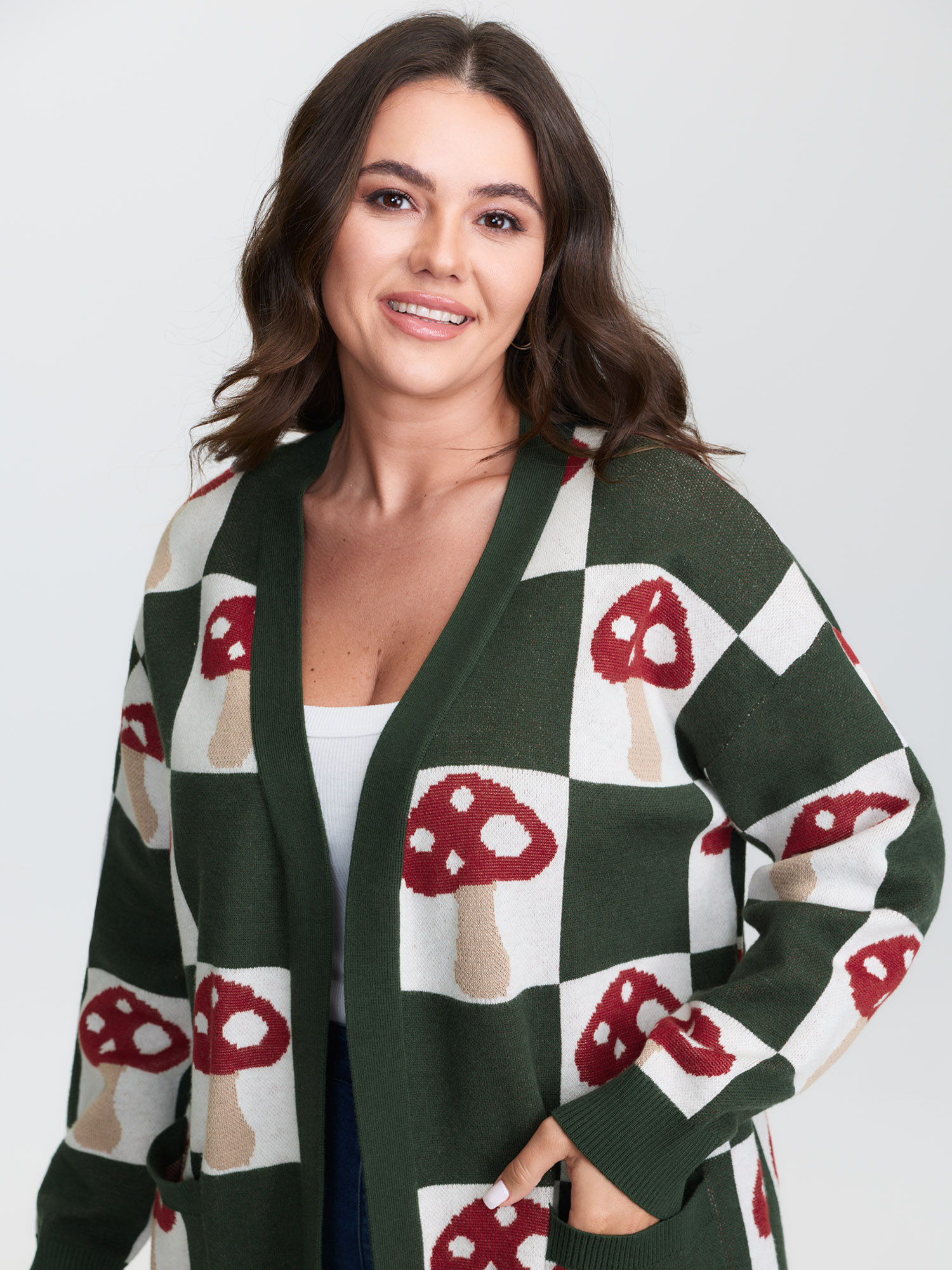 BloomChic Women's Plus Size Mushroom Checkered Jacquard Knit Cardigan DarkGreen Long Sleeve V-Neck 12/L