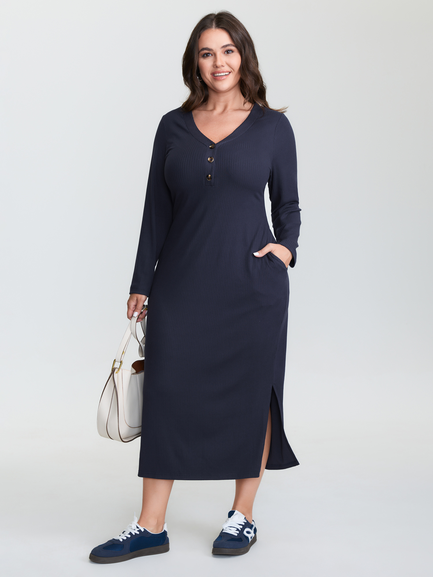 BloomChic Women's Plus Size Supersoft Textured Fitted Side Hem Midi Dress Midnight Solid Midi Everyday-Casual Button Front 12/L
