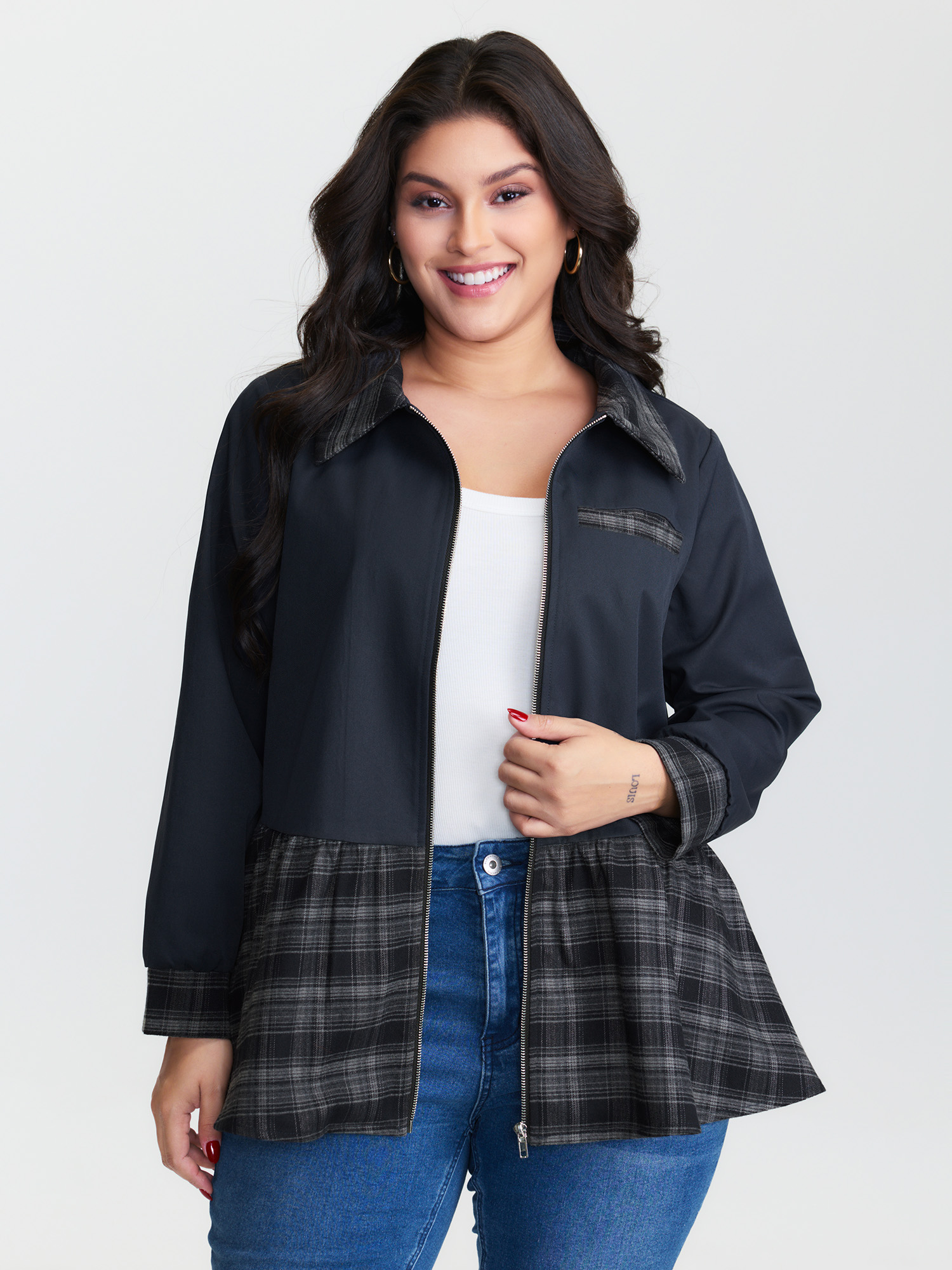 BloomChic Women's Plus Size Checkered Zipper Front Pockets Jacket Indigo Ruffles Fit & Flare 18-20/2X