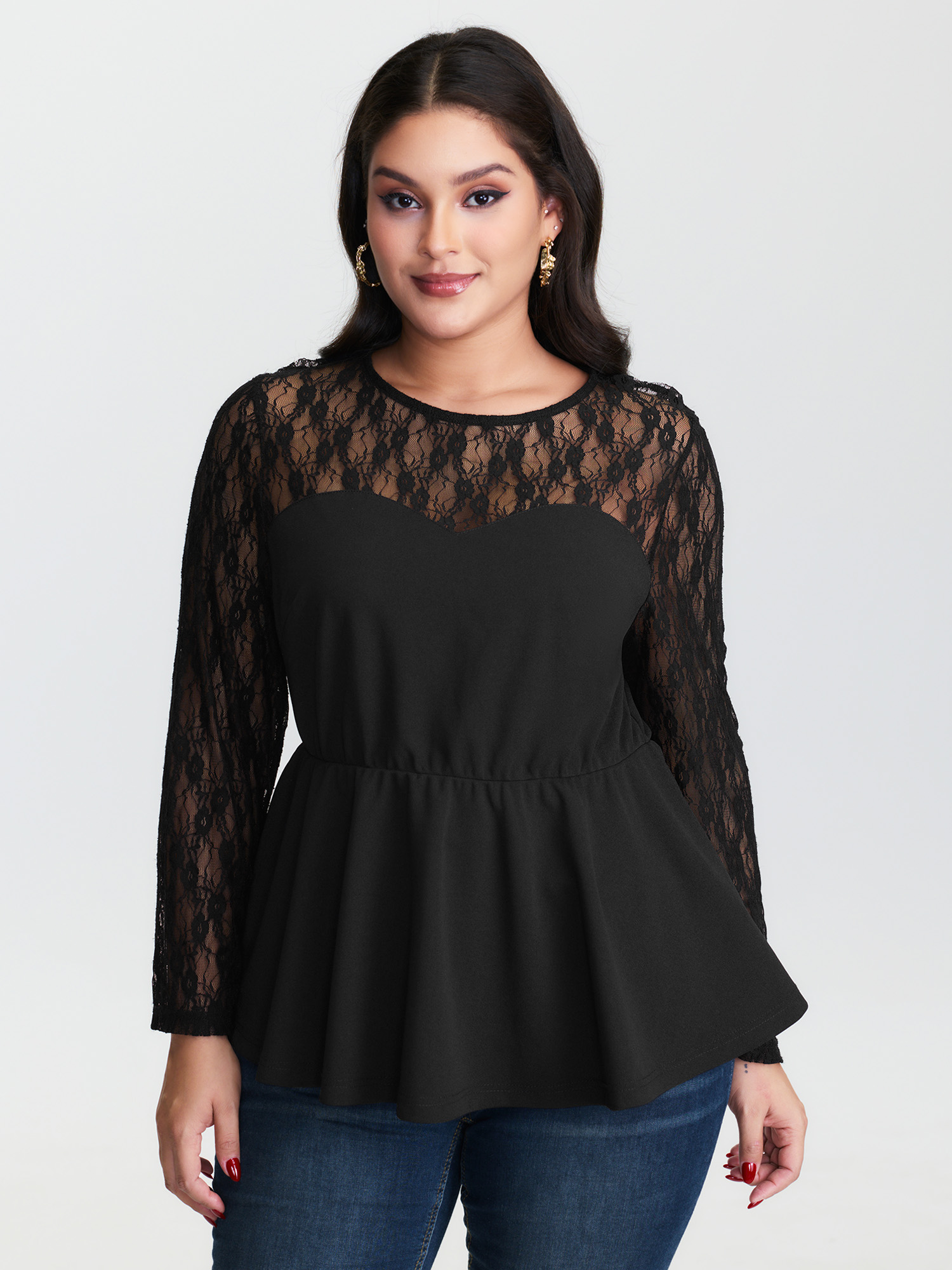 BloomChic Women's Plus Size Sheer Lace Crisscross Plain Top Black Long Sleeve Everyday-Elegant Round Neck 12/L