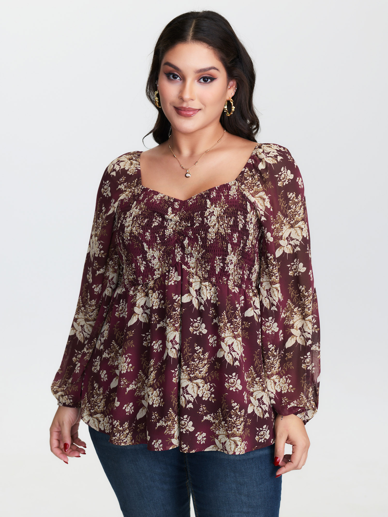 BloomChic Women's Plus Size Shirred High-Waist Cinched Blouse Plum Floral Everyday-Elegant Long Sleeve Sweetheart Neck 30/6X