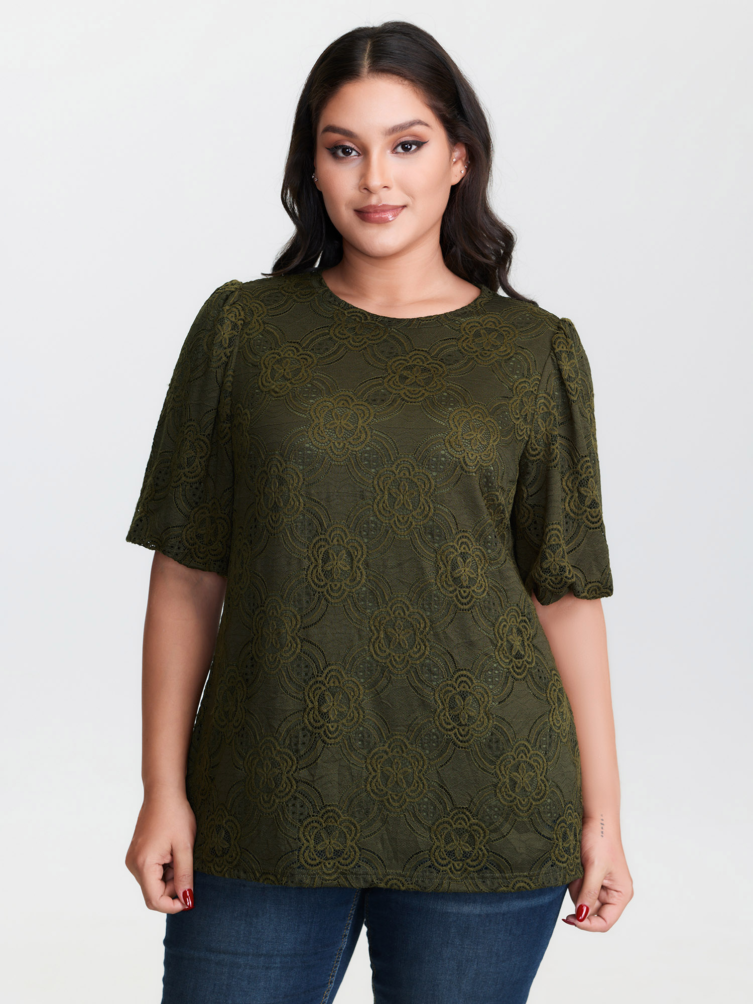 BloomChic Women's Plus Size Textured Lace Puffy Sleeve T-Shirt ArmyGreen Solid Everyday-Elegant Short sleeve Round Neck 10/M