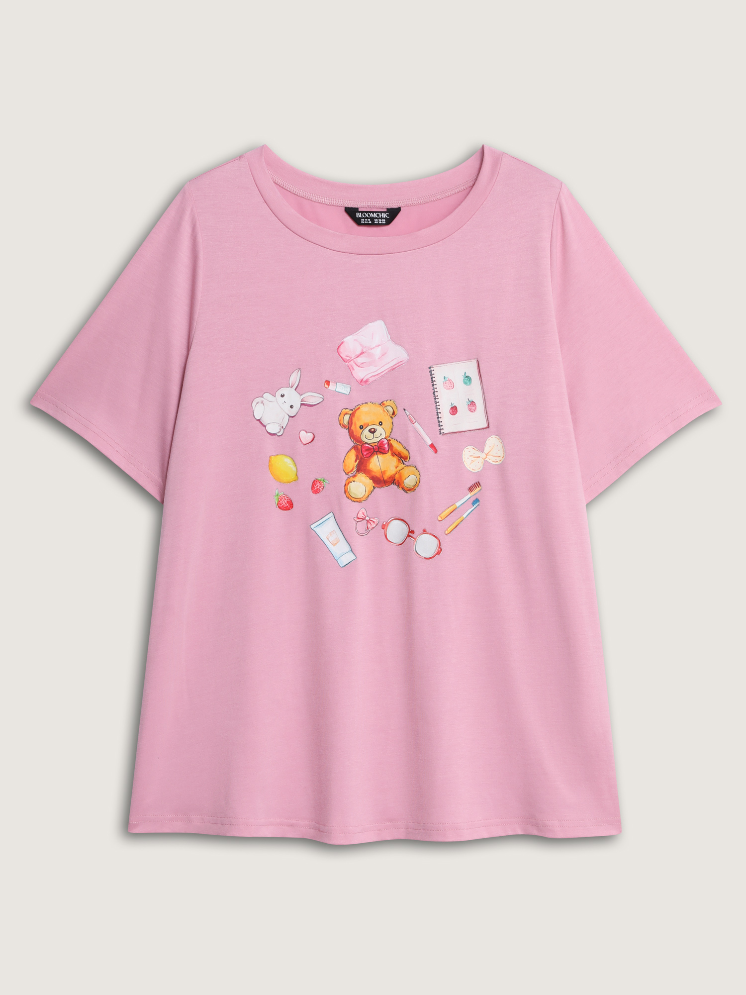 Side view of BloomChic Women's Plus Size Teddy Bear Graphic Print Pajama Top Beanpastepowder Naive Art Short sleeve Round Neck 10/M