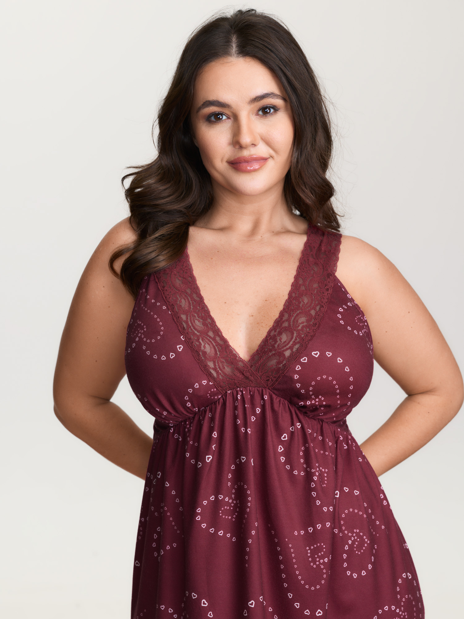 Side view of BloomChic Women's Plus Size Heart Print Lace Trim Deep V-Neck Nightgown Red Sleeveless Mini Deep V-Neck 30/6X