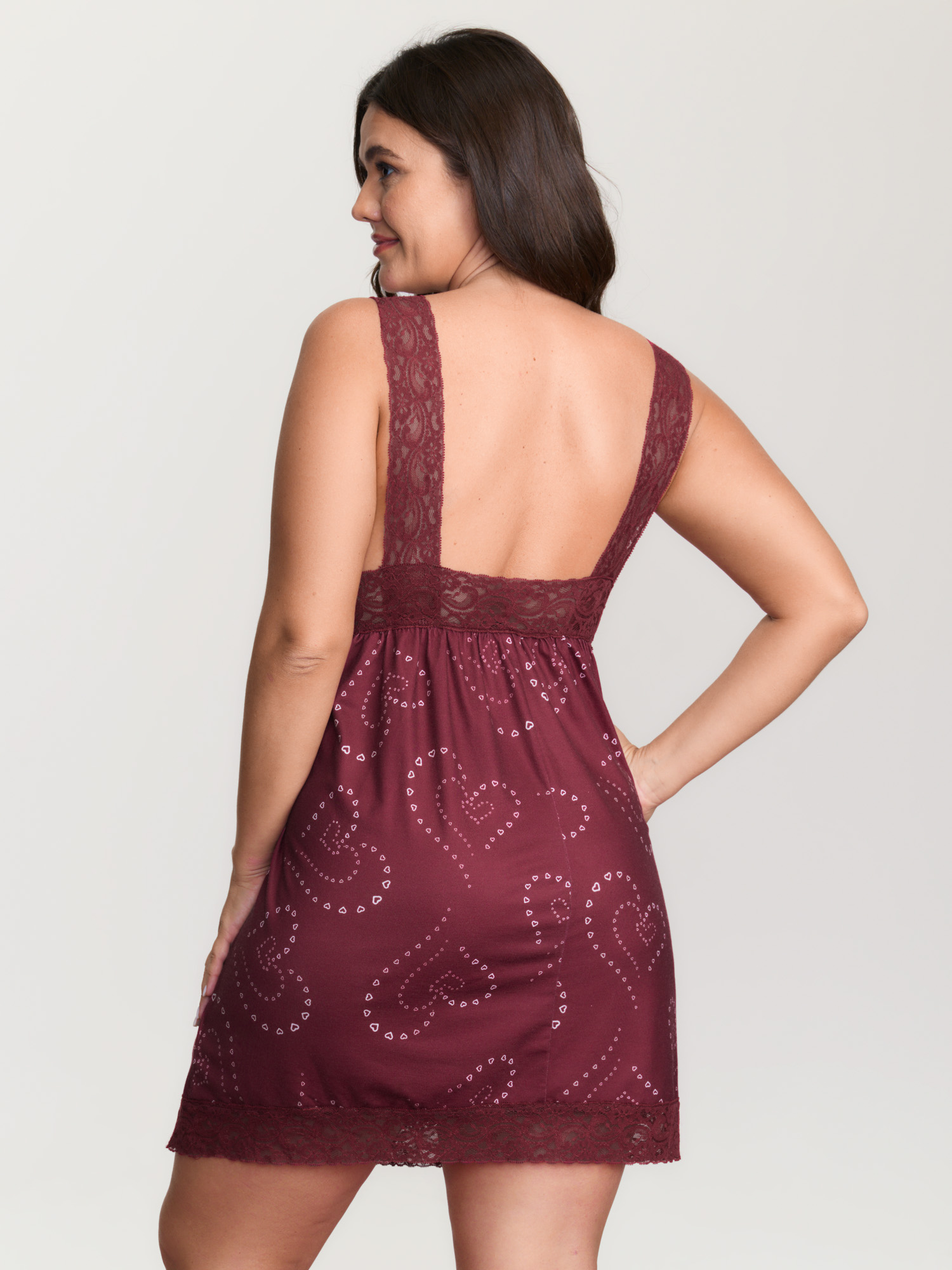 Side view of BloomChic Women's Plus Size Heart Print Lace Trim Deep V-Neck Nightgown Red Sleeveless Mini Deep V-Neck 30/6X