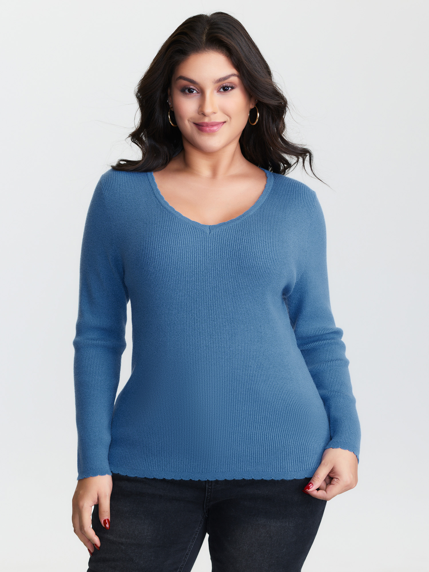 BloomChic Women's Plus Size Supersoft Textured Fitted Stretchy Pullover Skyblue not graphics Long Sleeve V-Neck 10/M