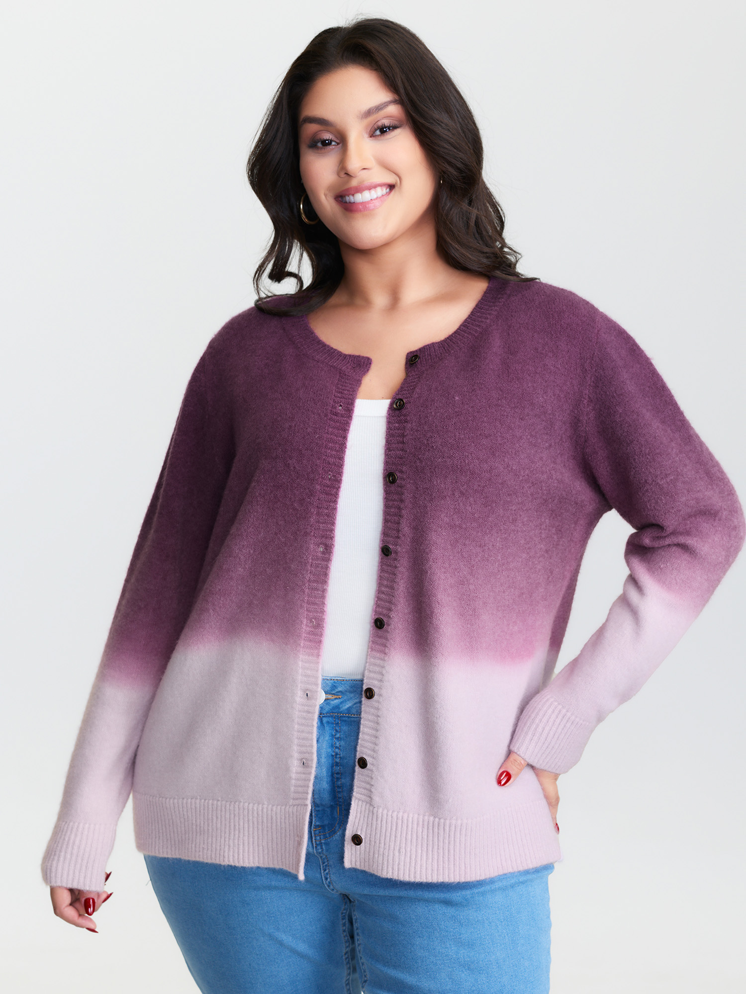 BloomChic Women's Plus Size Supersoft Stretchy Color Gradient Knit Cardigan RedViolet Long Sleeve Round Neck 10/M