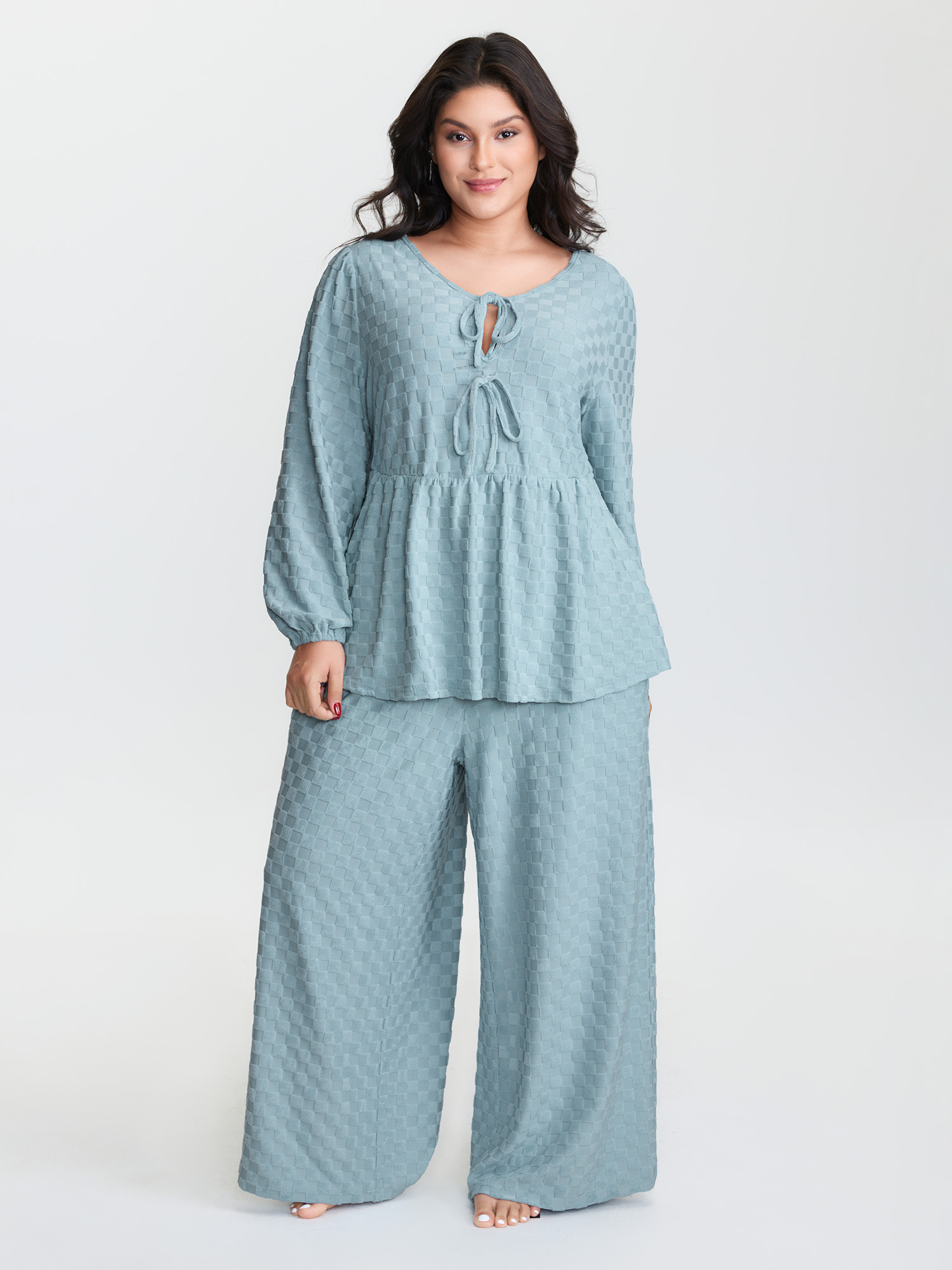 BloomChic Women's Plus Size Checkered Textured Co-ord Lounge Set LightBlue Solid Long Sleeve Smocked 18-20/2X-image-47813627281578