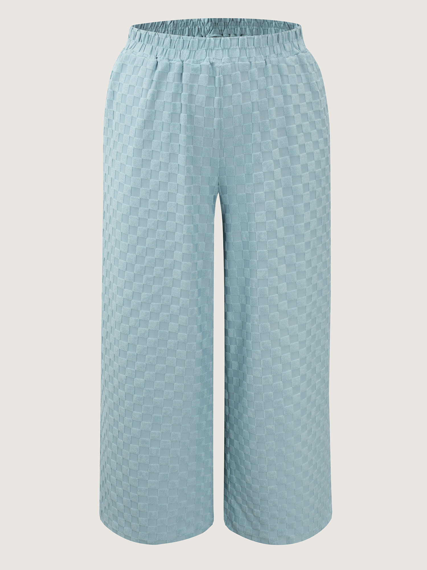 Side view of BloomChic Women's Plus Size Checkered Textured Co-ord Lounge Set LightBlue Solid Long Sleeve Smocked 22-24/3X