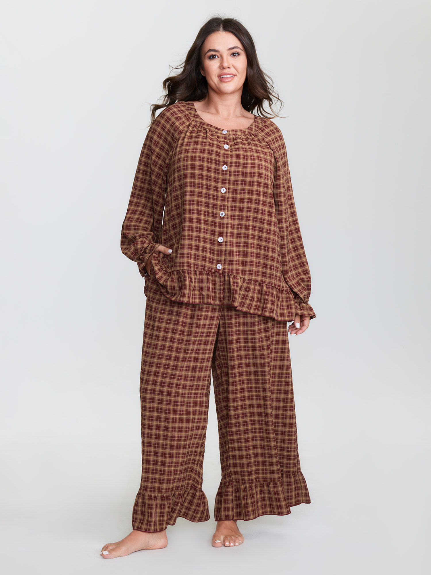 BloomChic Women's Plus Size Gingham Print Ruffled Hem Co-Ord Pajama Set Coral not graphics 18-20/2X-image-48009540108458