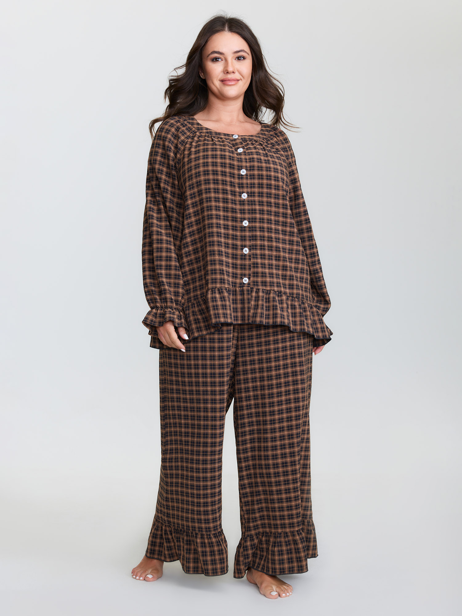 BloomChic Women's Plus Size Gingham Print Ruffled Hem Co-Ord Pajama Set Rust not graphics 26/4X-image-48009539944618