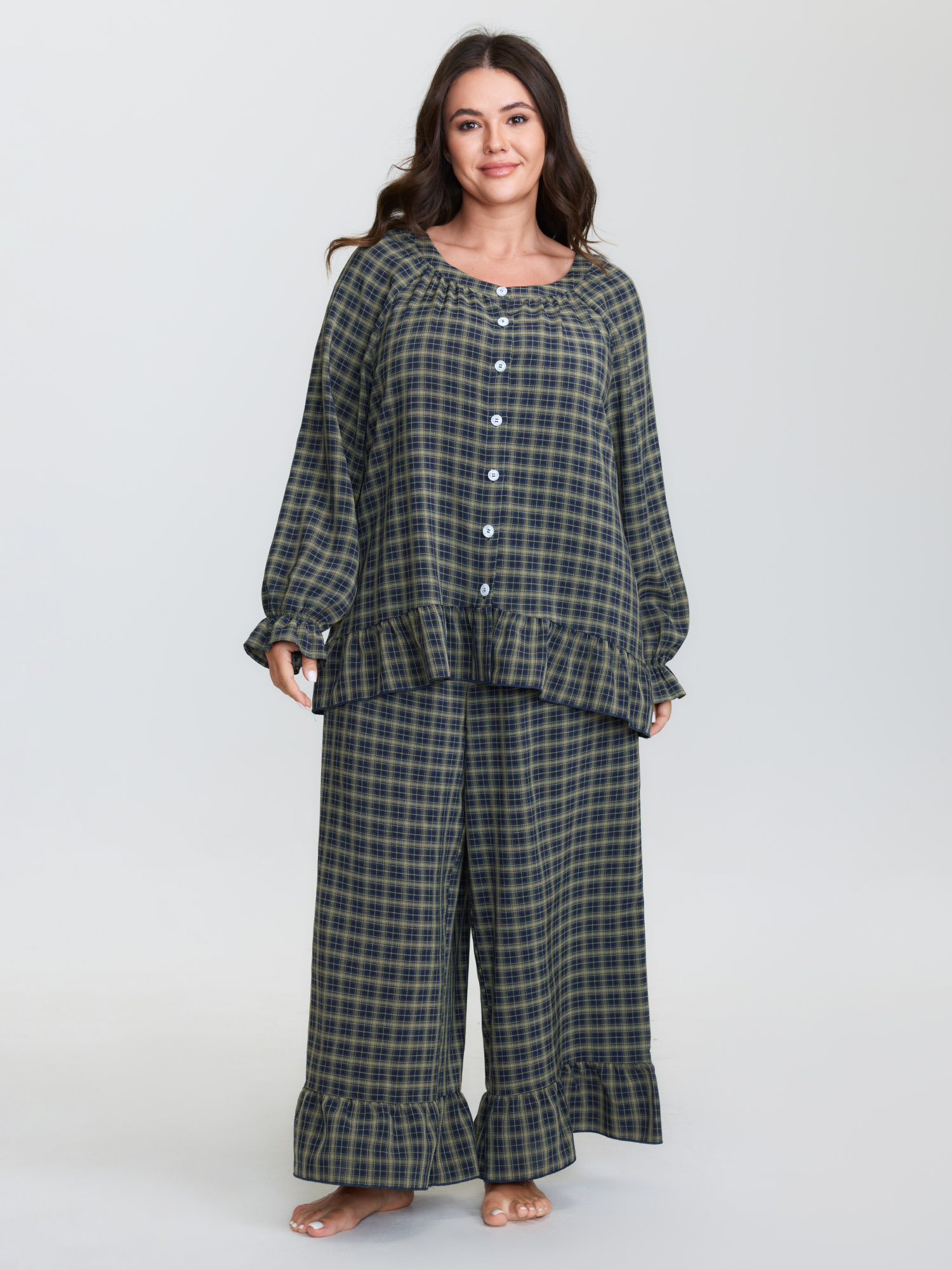 BloomChic Plus Size Gingham Print Ruffled Hem Co-Ord Pajama Set - Women's Supersoft DarkGreen Long Sleeve not graphics Plaid Side Pocket Easy Pull-On Wide leg Pajama Sets 14/M