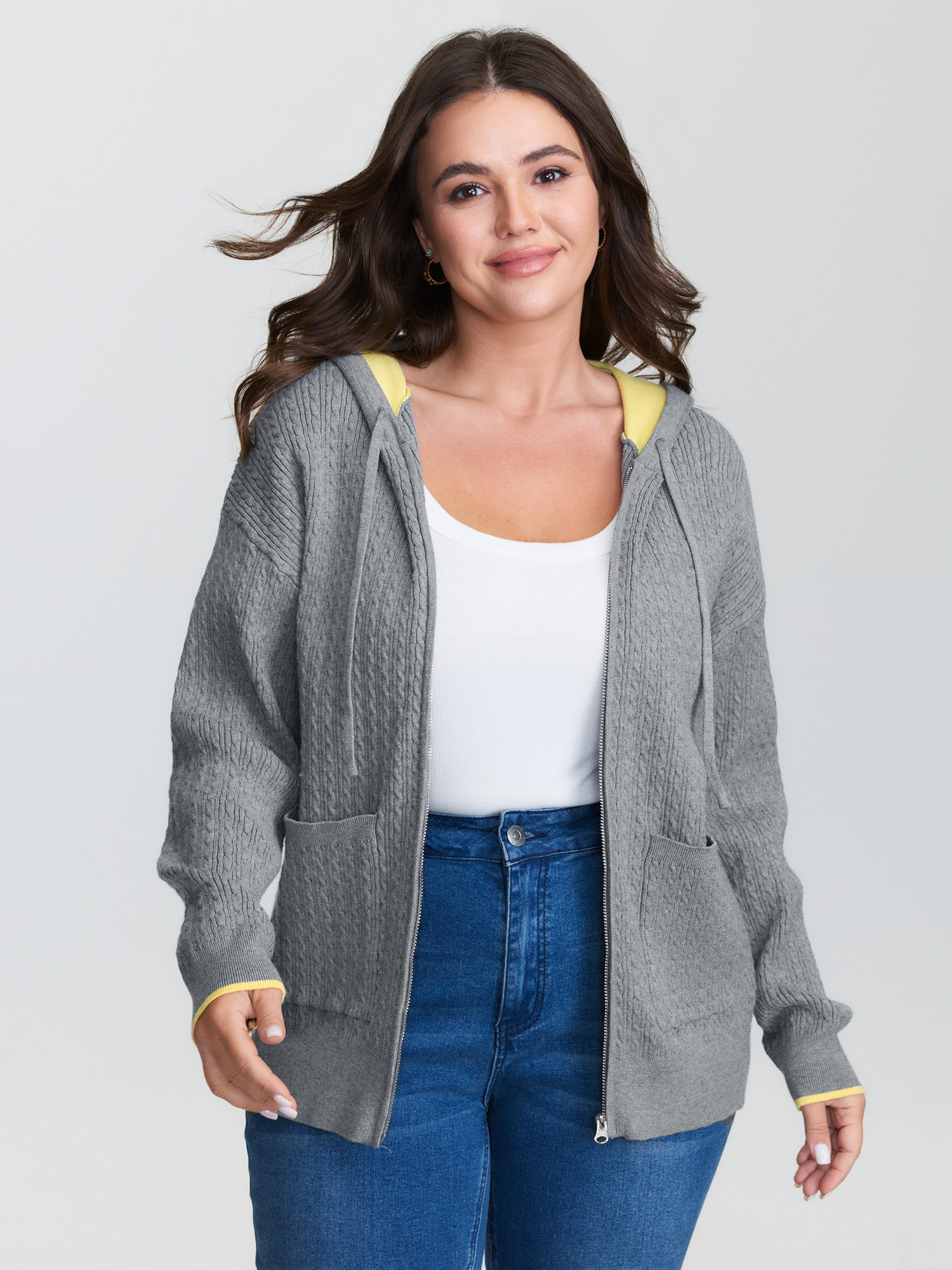 BloomChic Women's Plus Size Textured Contrast Hooded Zipper Knit Cardigan Mediumgray Long Sleeve Hooded Neck 10/M