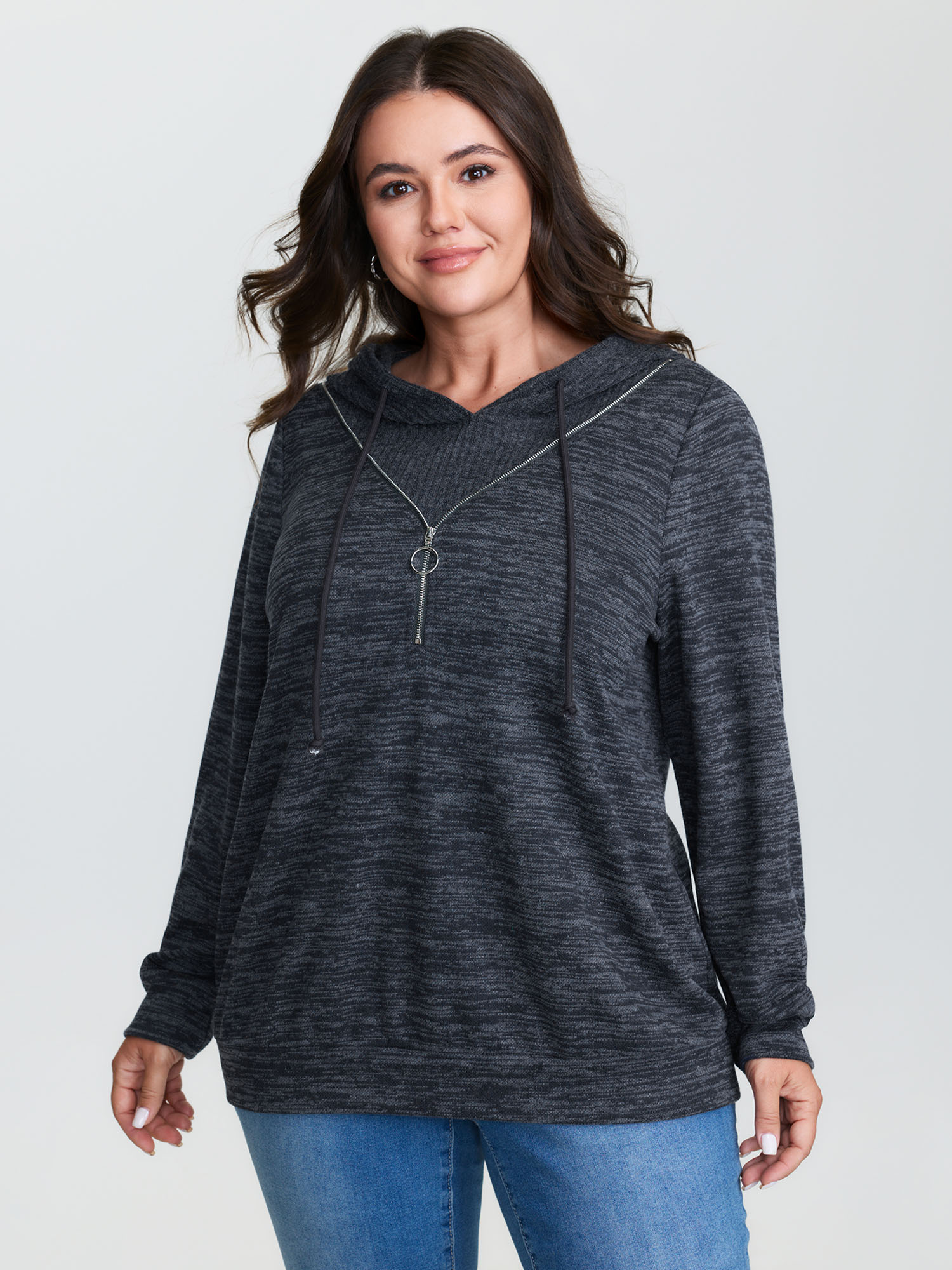 BloomChic Women's Plus Size 2-in-1 Heather Half-Zipper Hoodie Indigo not graphics Everyday-Casual Hooded Neck 10/M