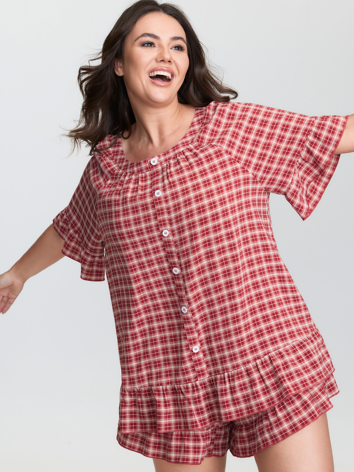 BloomChic Women's Plus Size Gingham Print Ruffled Hem Co-ord Pajama Set Brightred not graphics 18-20/2X-image-47824888692906