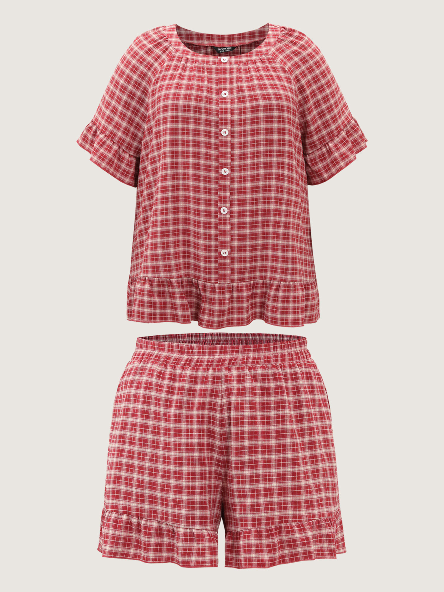 Side view of BloomChic Women's Plus Size Gingham Print Ruffled Hem Co-ord Pajama Set Brightred not graphics 14-16/1X