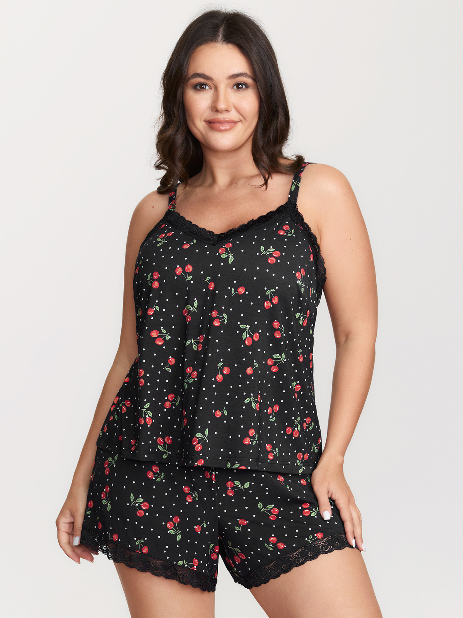 BloomChic Women's Plus Size Supersoft Cherry Print Lace Pockets Pajama Set Black not graphics 22-24/3X-image-47824867229866