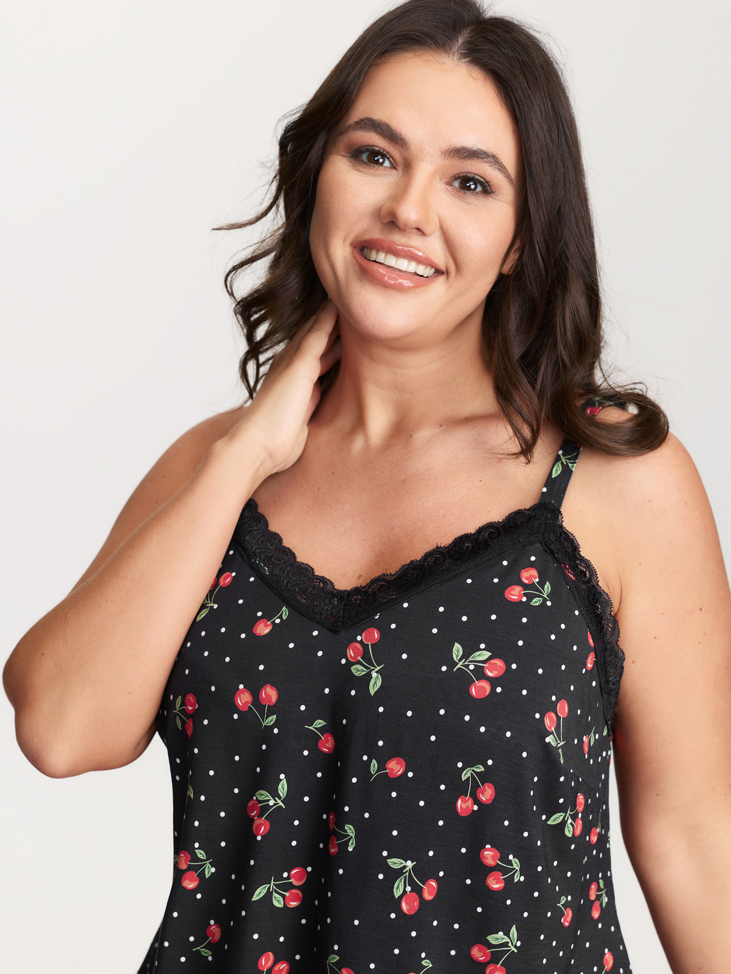 Side view of BloomChic Women's Plus Size Supersoft Cherry Print Lace Pockets Pajama Set Black not graphics 12/L
