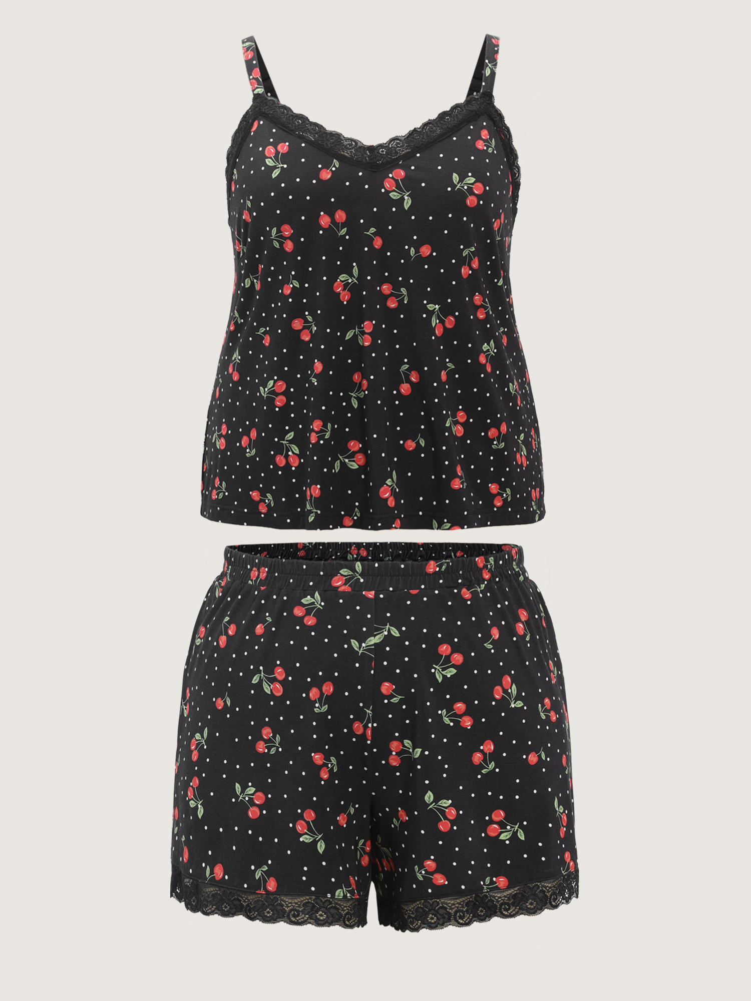 Side view of BloomChic Women's Plus Size Supersoft Cherry Print Lace Pockets Pajama Set Black not graphics 12/L