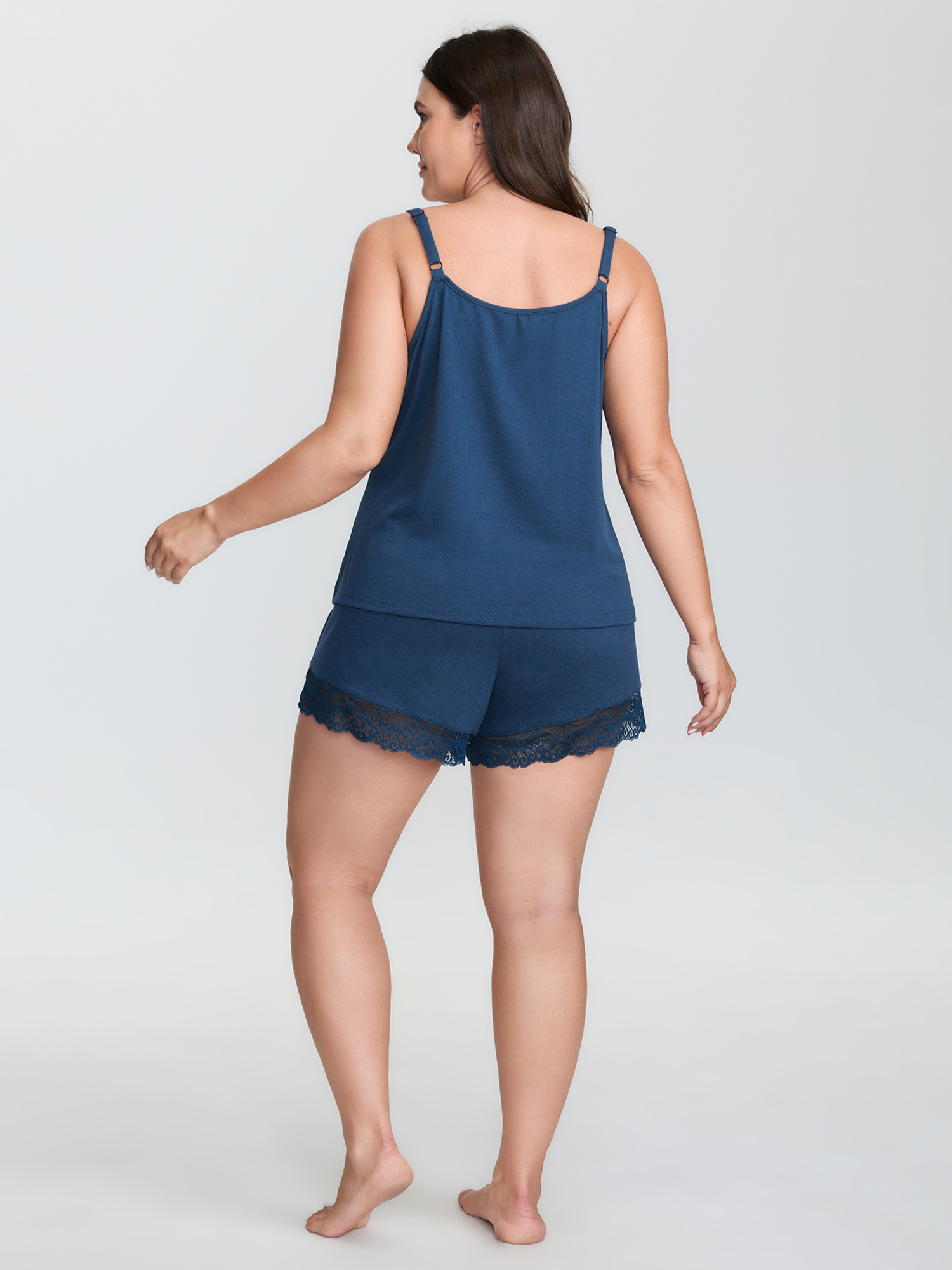 Side view of BloomChic Women's Plus Size Supersoft Lace Trim Two-Piece Pajama Set Mediumblue not graphics 30/6X