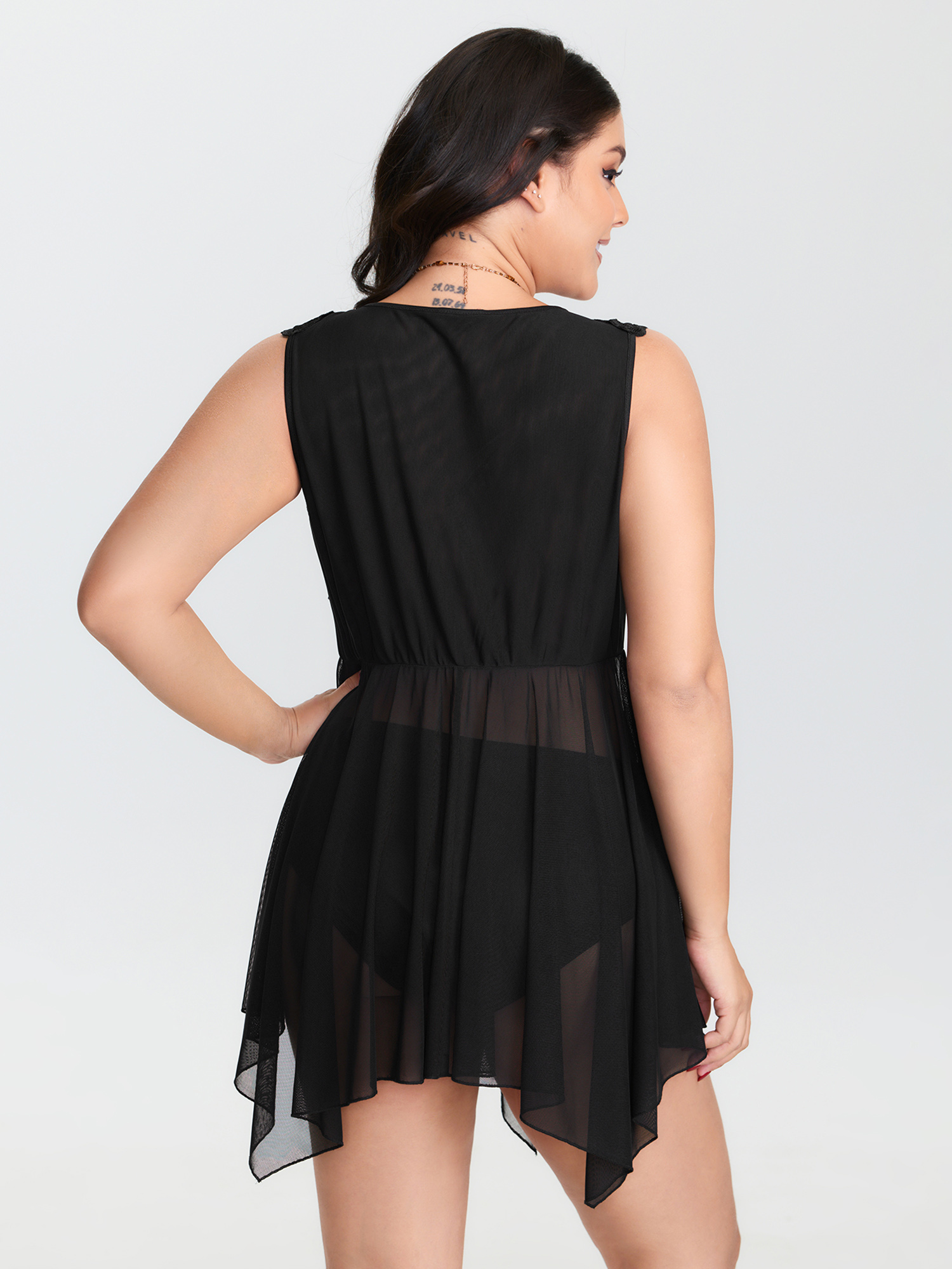 Side view of BloomChic Women's Plus Size Butterfly Sheer Asymmetrical Hem Nightgown Black Sleeveless Mini Deep V-Neck 18-20/2X