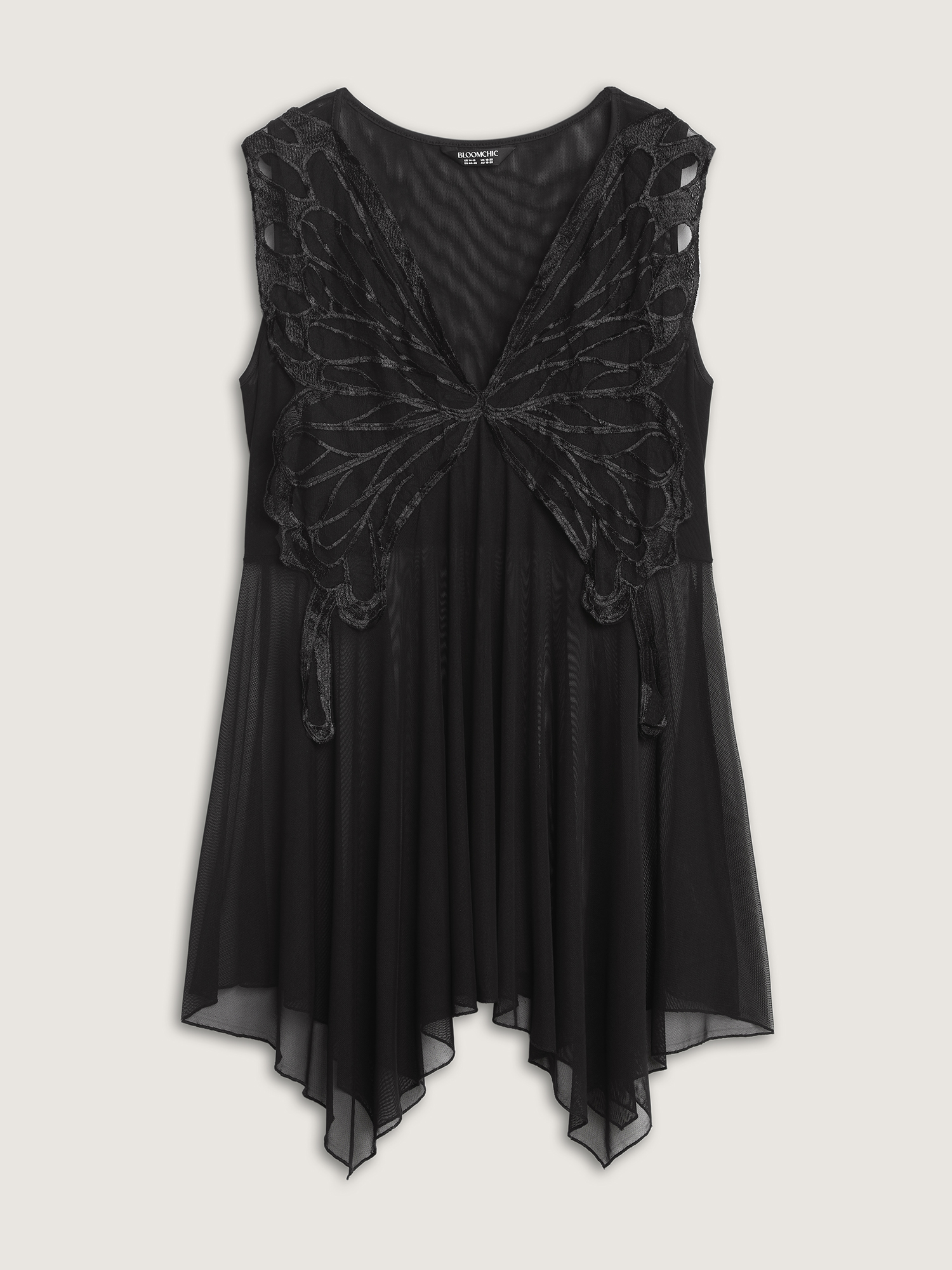 Side view of BloomChic Women's Plus Size Butterfly Sheer Asymmetrical Hem Nightgown Black Sleeveless Mini Deep V-Neck 18-20/2X
