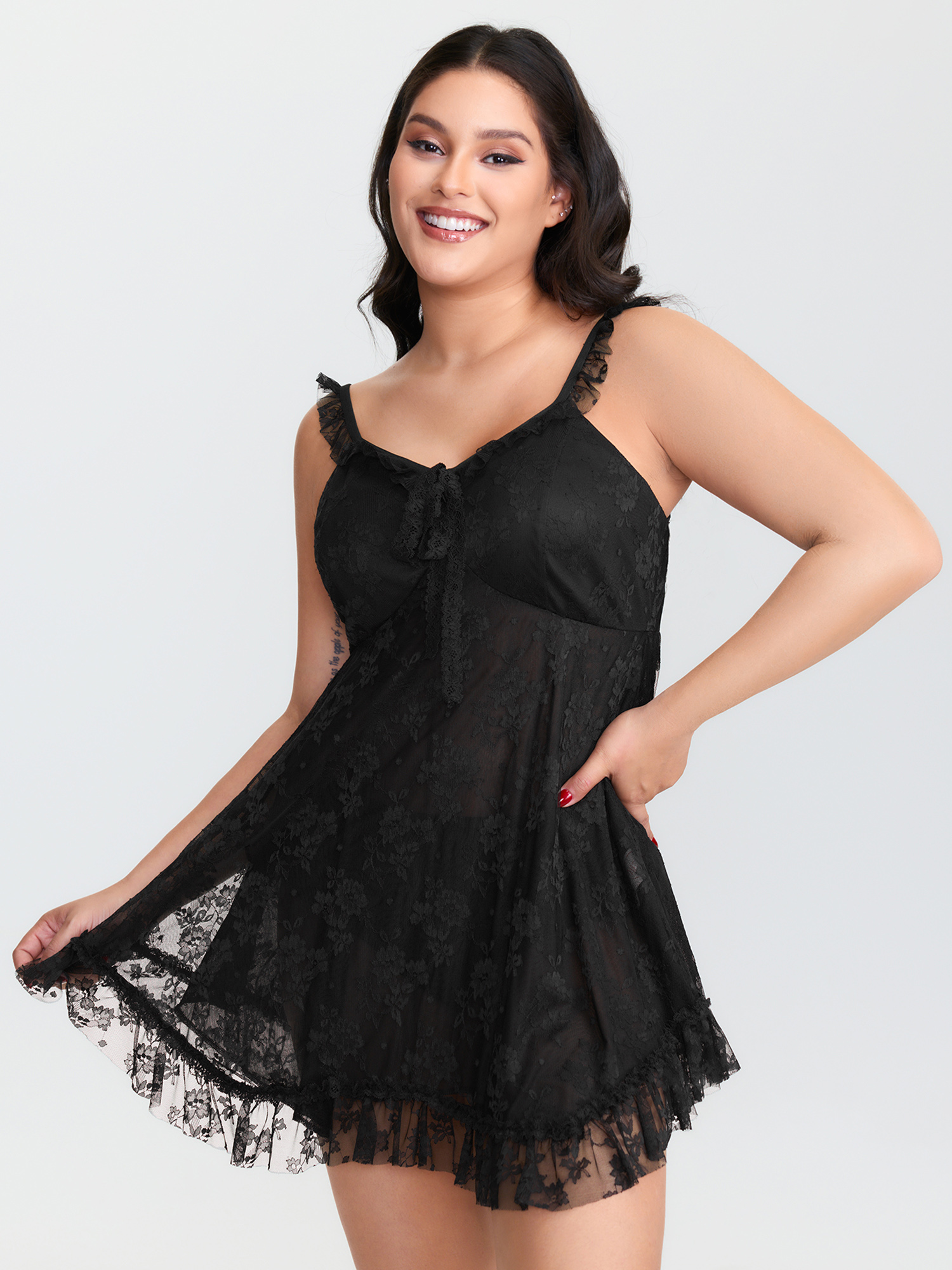 BloomChic Women's Plus Size Floral Lace Ruffled Straps Lined Nightgown Black Sleeveless Mini V-Neck 28/5X-image-47814329630890