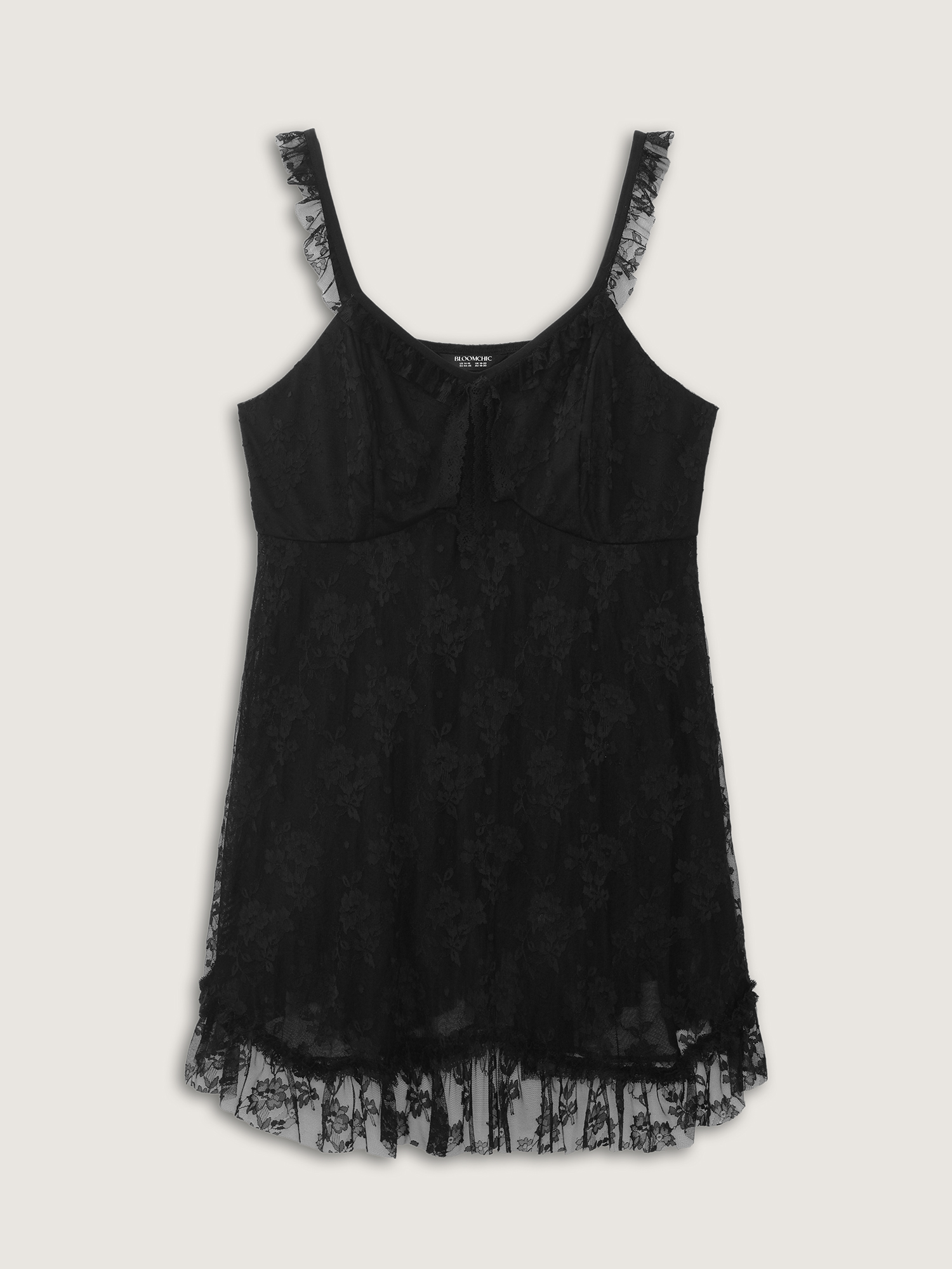 Side view of BloomChic Women's Plus Size Floral Lace Ruffled Straps Lined Nightgown Black Sleeveless Mini V-Neck 12/L
