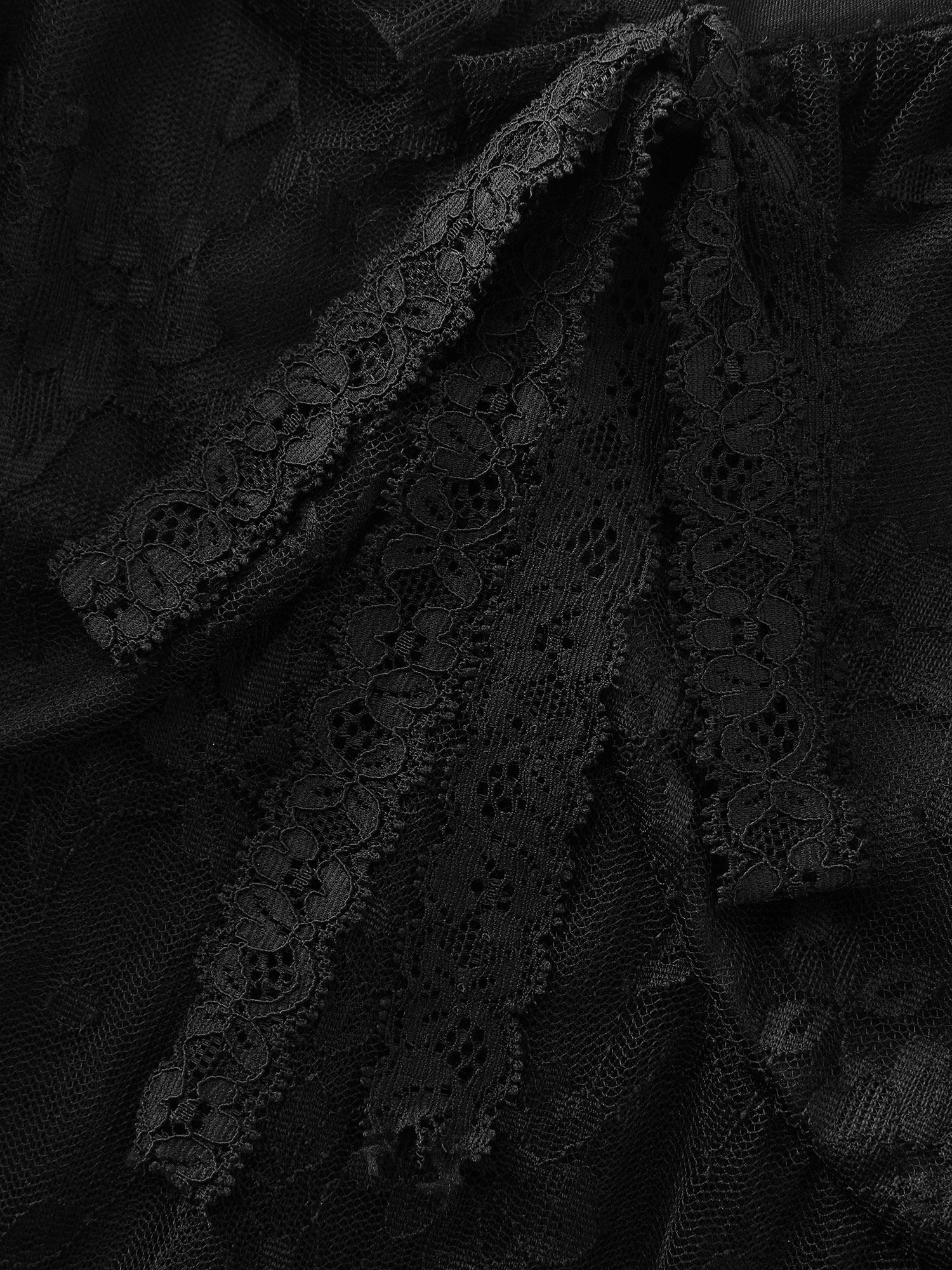 Side view of BloomChic Women's Plus Size Floral Lace Ruffled Straps Lined Nightgown Black Sleeveless Mini V-Neck 12/L