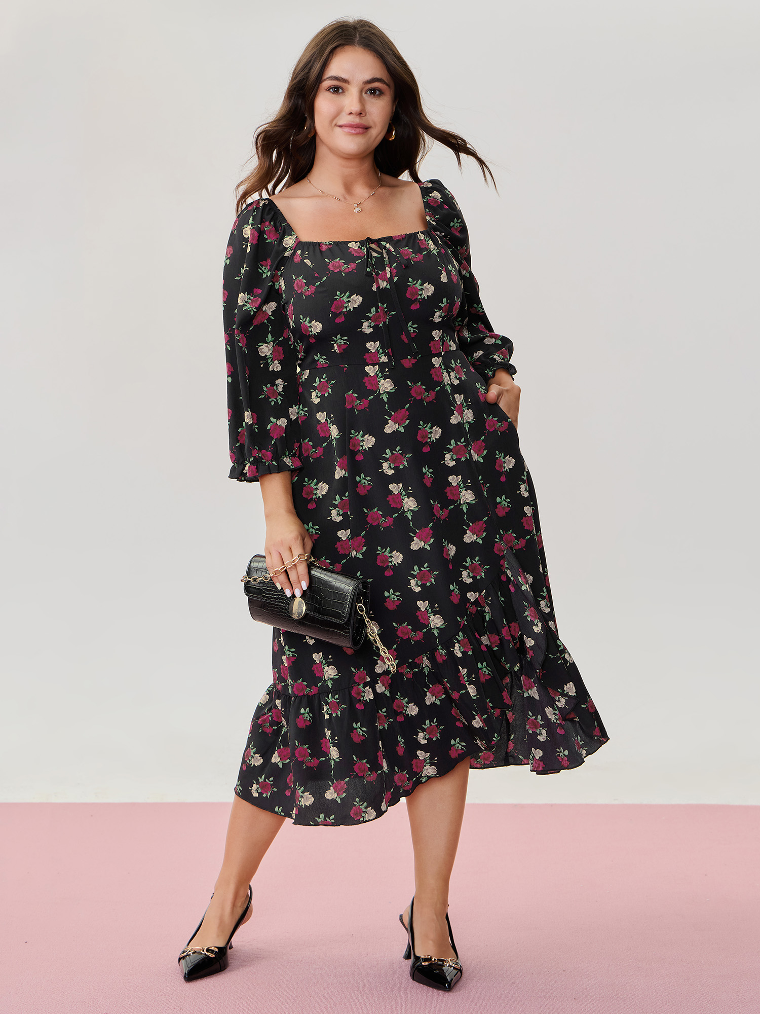 BloomChic Plus Size Colorful Rose Pattern Drawstring Neckline Midi Dress - Curve Ladies Black Elegant 3/4 Sleeve Floral Side Pocket Daily Dresses 16/L