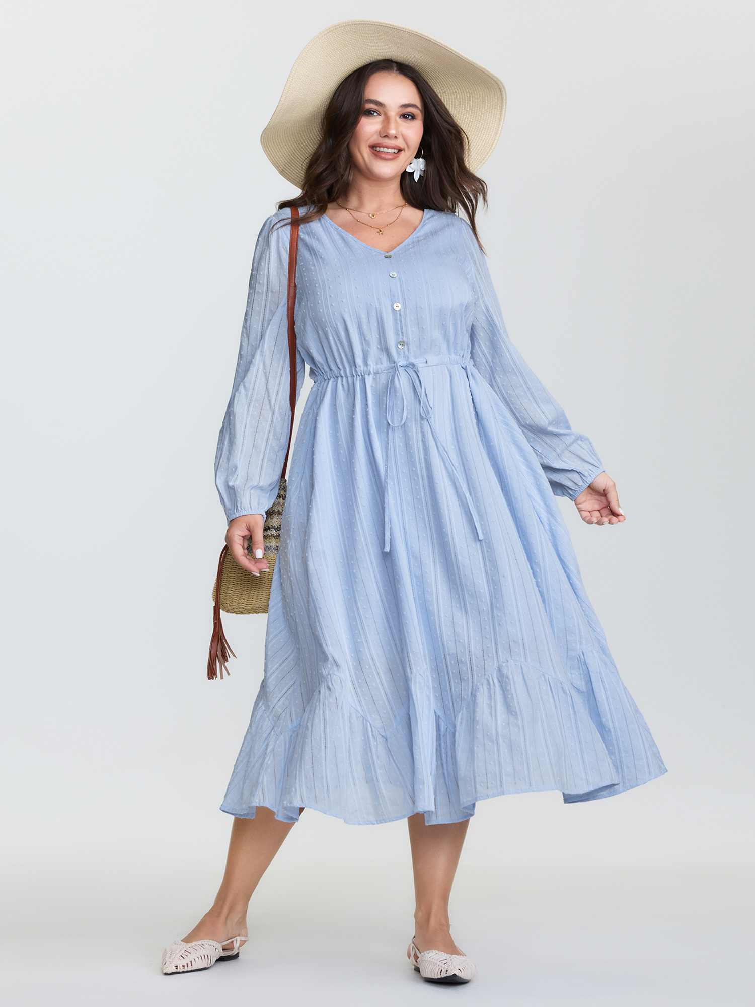 BloomChic Women's Plus Size Cotton Striped Waist-Drawstring Tiered Midi Dress Skyblue Solid Midi Vacation Smocked 10/M