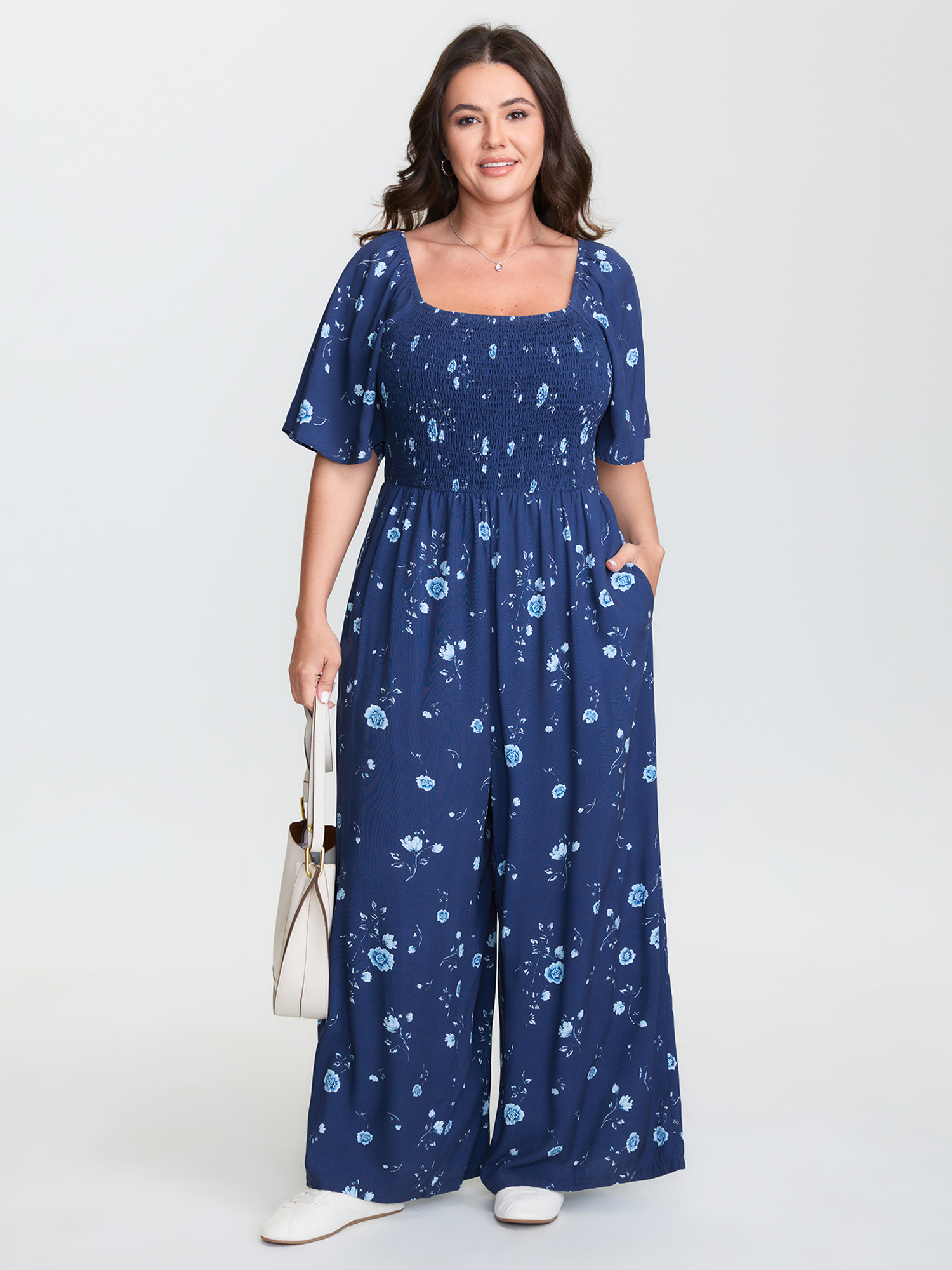 BloomChic Plus Size Breezy Floral Print Shirred Bodice Jumpsuit - Curve Women's DarkBlue Playsuit - Comfort Midsection Fit Side Pocket Wide leg Jumpsuits 14/M