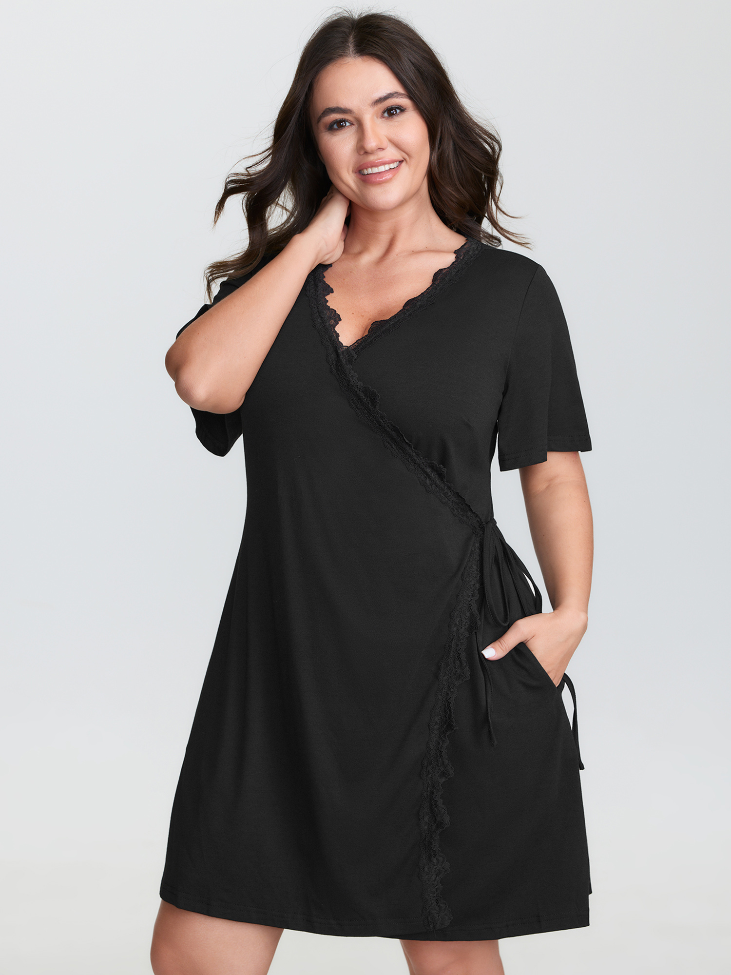BloomChic Women's Plus Size Lace Trim Side-Tie Pockets Nightgown Black Short sleeve Mini V-Neck 30/6X-image-47831530569898