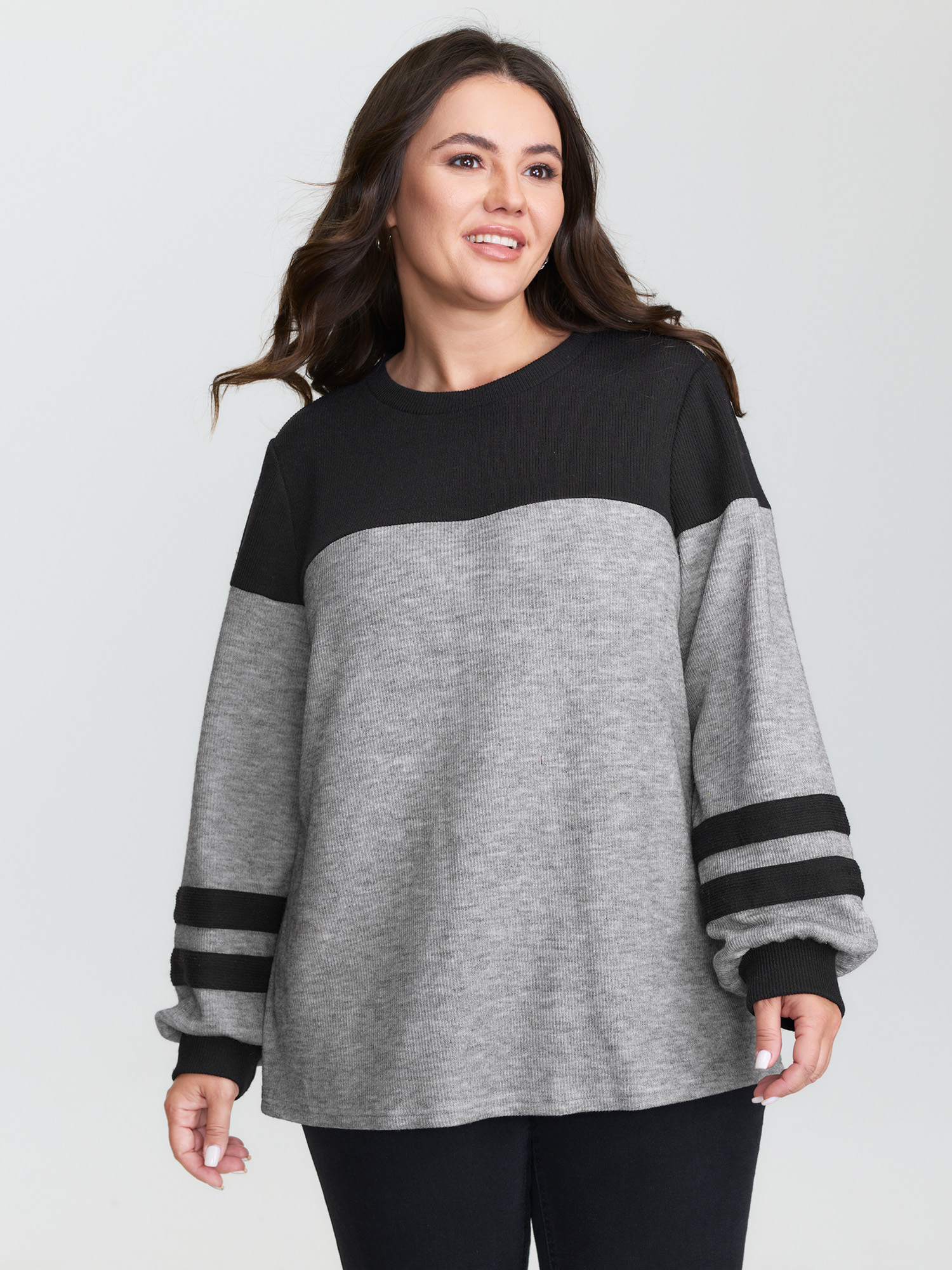 BloomChic Plus Size Stretchy Colorblock Striped Sweatshirt - Women's Black Color Block Round Neck Comfort Midsection Fit Extra Long Sleeve Americana Daily Sweatshirts 14/M
