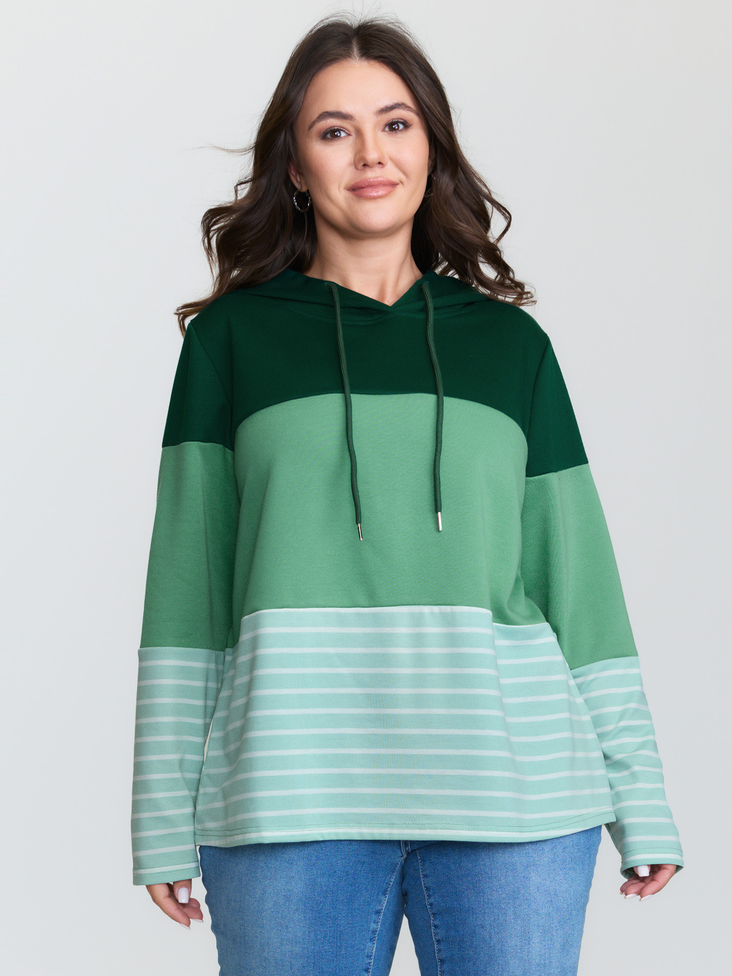 BloomChic Women's Plus Size Patchwork Striped Drawstring Hoodie DarkGreen not graphics Everyday-Casual Hooded Neck 10/M
