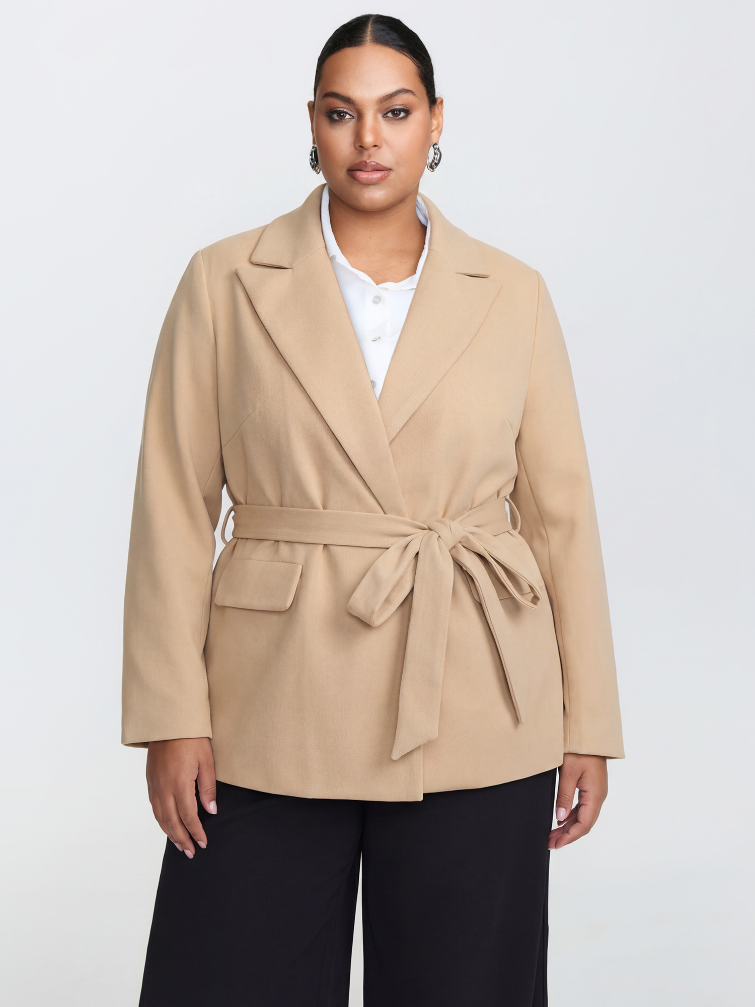 BloomChic Women's Plus Size Textured Belted Plain Blazer Tan not graphics Wide Waistband Sleeve Long Sleeve Notched Lapel 12/L-image-47800777769130